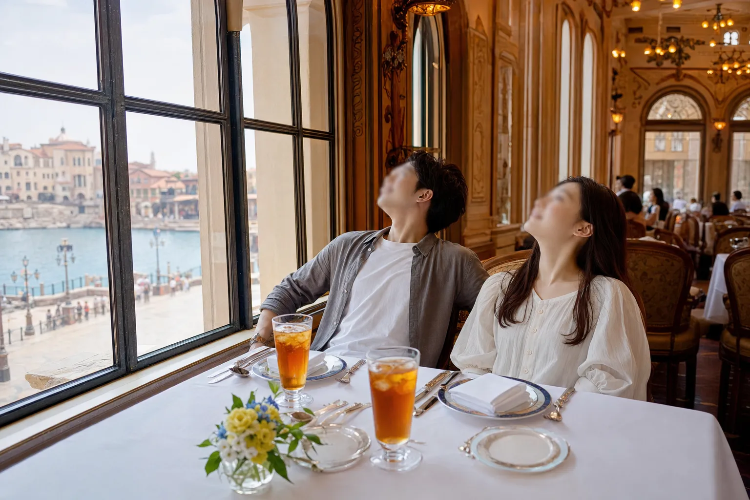 Air-conditioned themed restaurant interior at Tokyo DisneySea during lunch