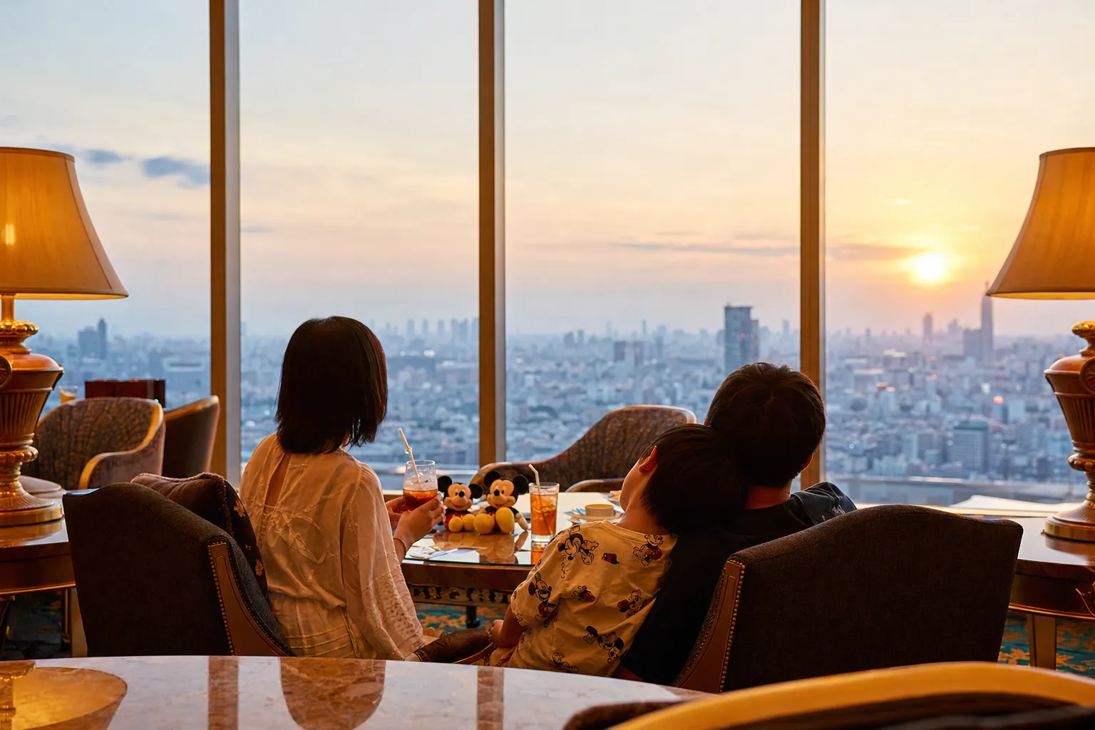 Family resting in a cool luxury hotel lounge during peak afternoon heat