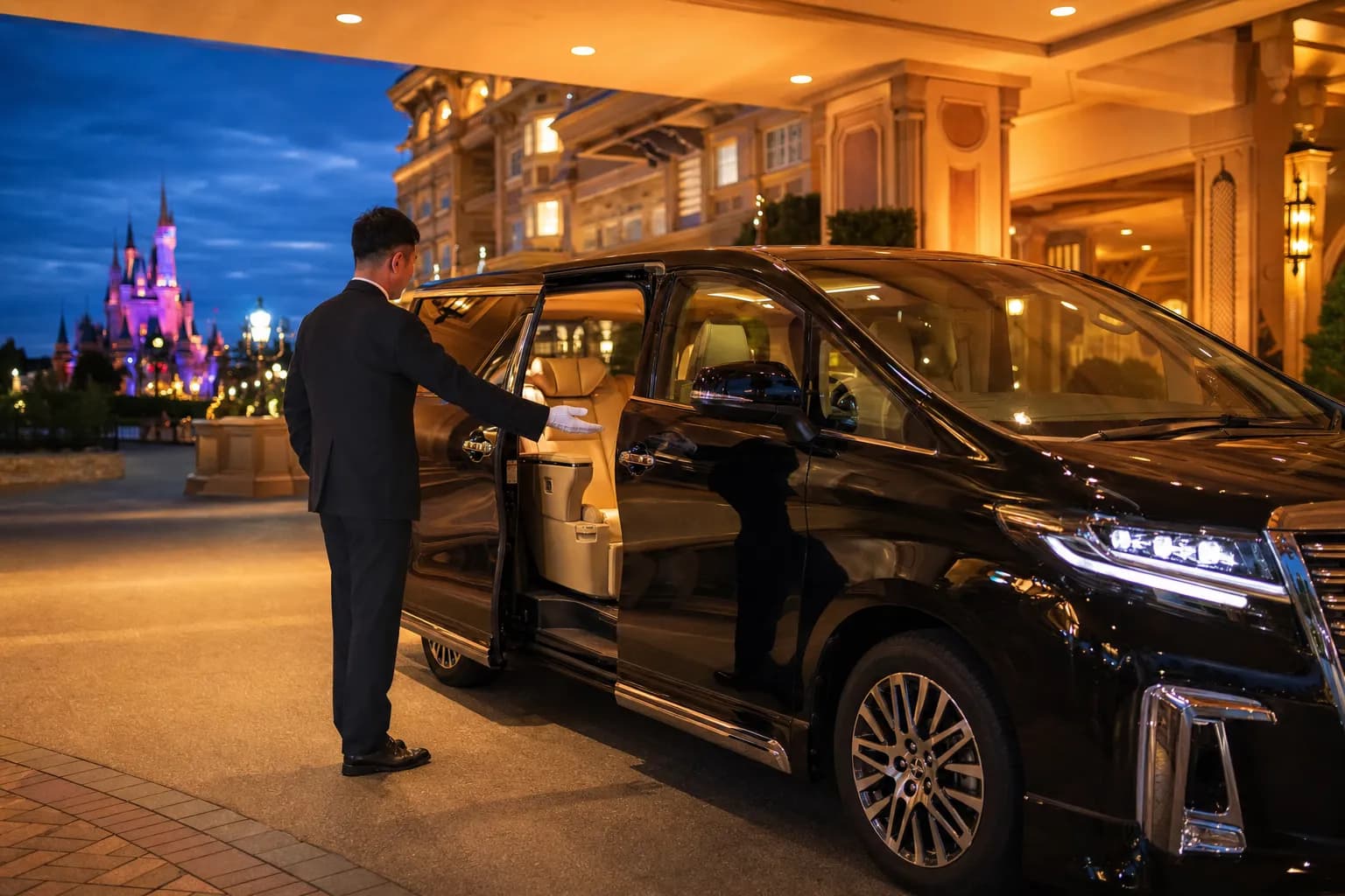 Chauffeur opening the door of a luxury minivan at a Tokyo hotel entrance