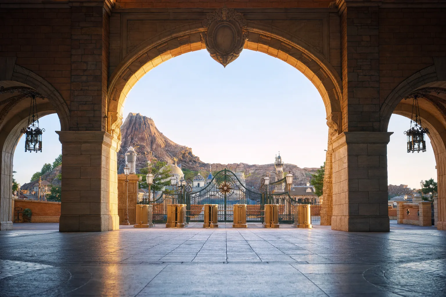 the ornate entrance turnstiles and wrought-iron gates of Tokyo DisneySea beneath its Mediterranean-style stone archway, seen empty in early morning light
