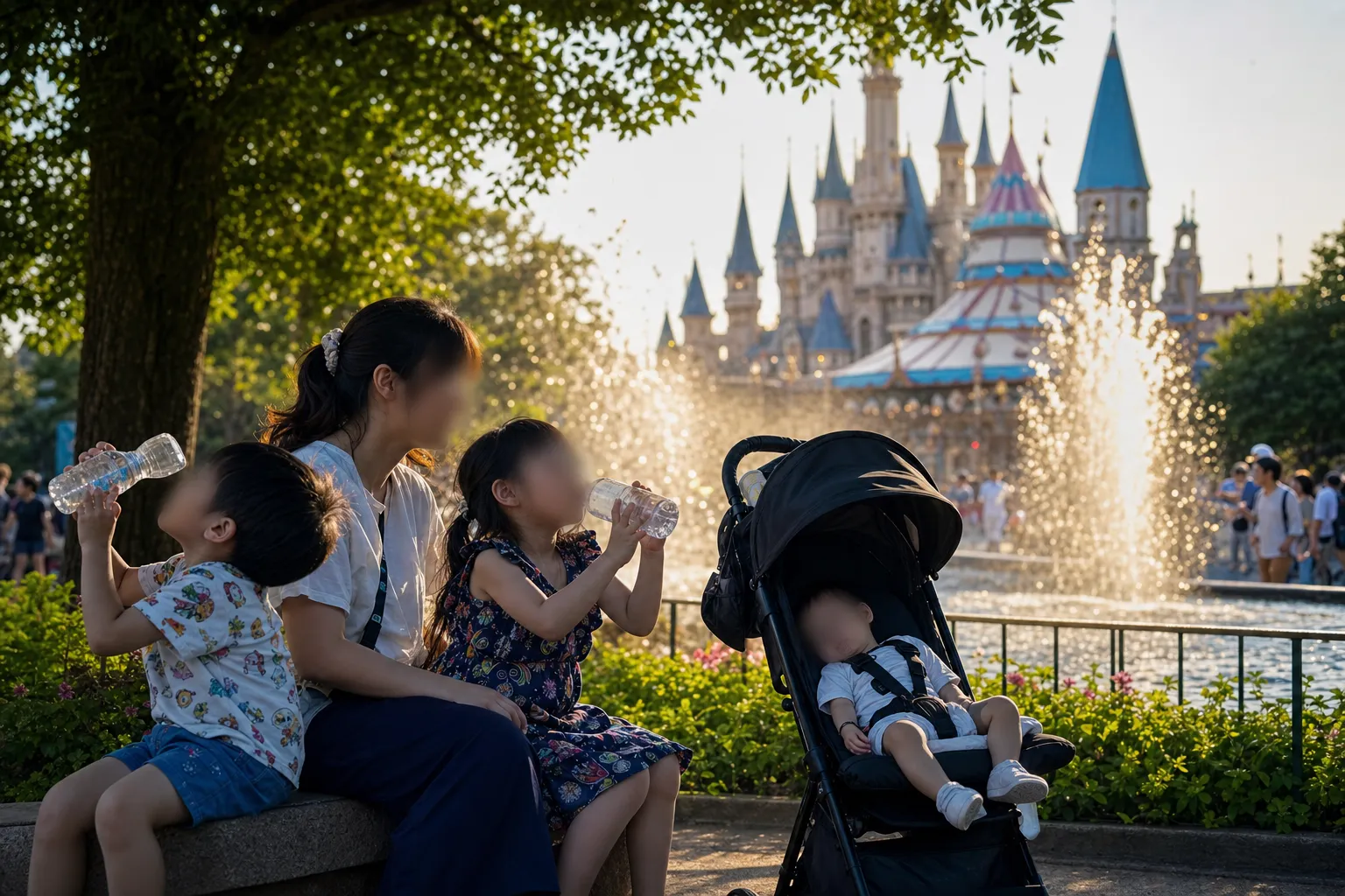 Family resting in shade with cold drinks during a hot July day at a Japanese theme park