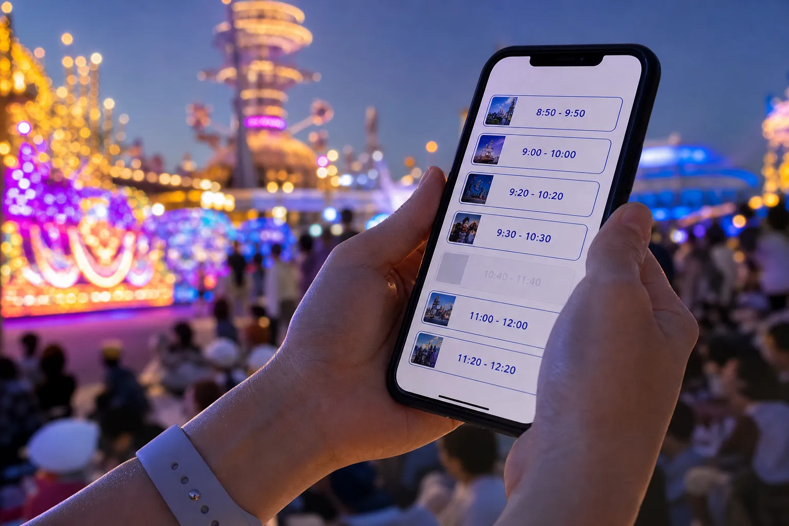 Guest holding smartphone with theme park app showing timed entry options