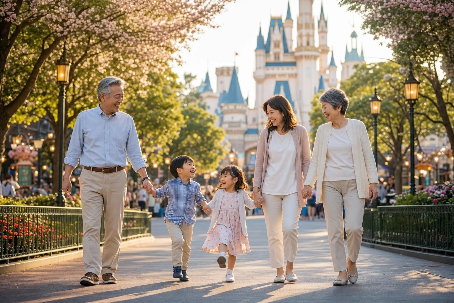 Grandparents and grandchildren walking together in evening shade at a Japanese theme park