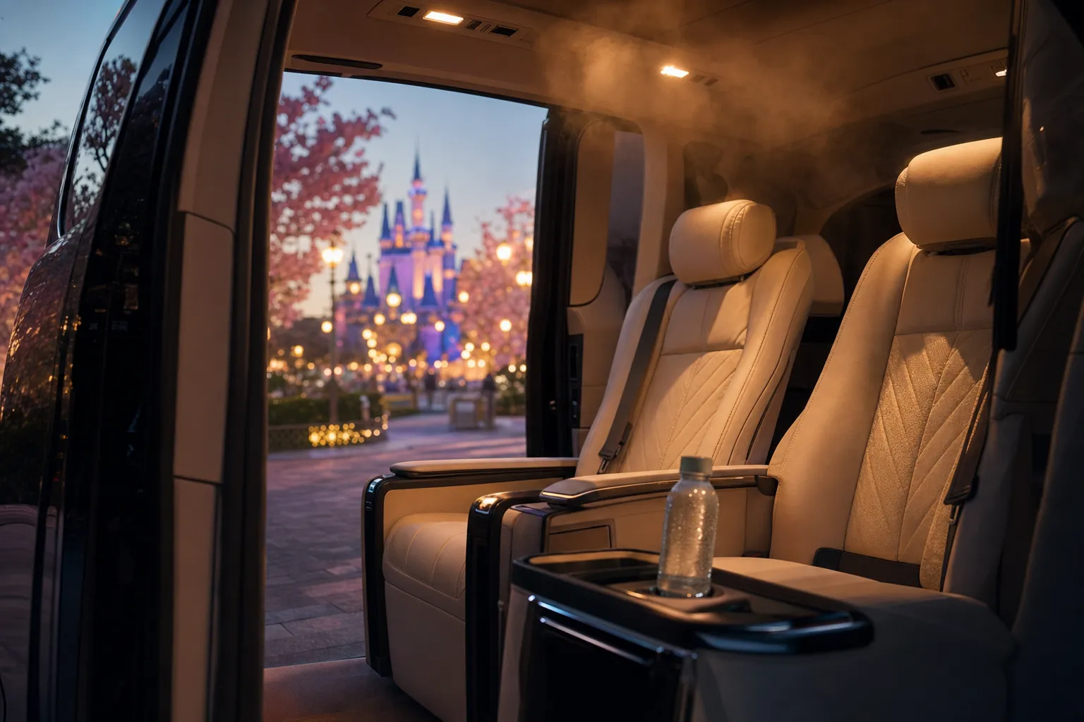 Interior of a luxury chauffeured minivan providing a cool private transfer from a theme park