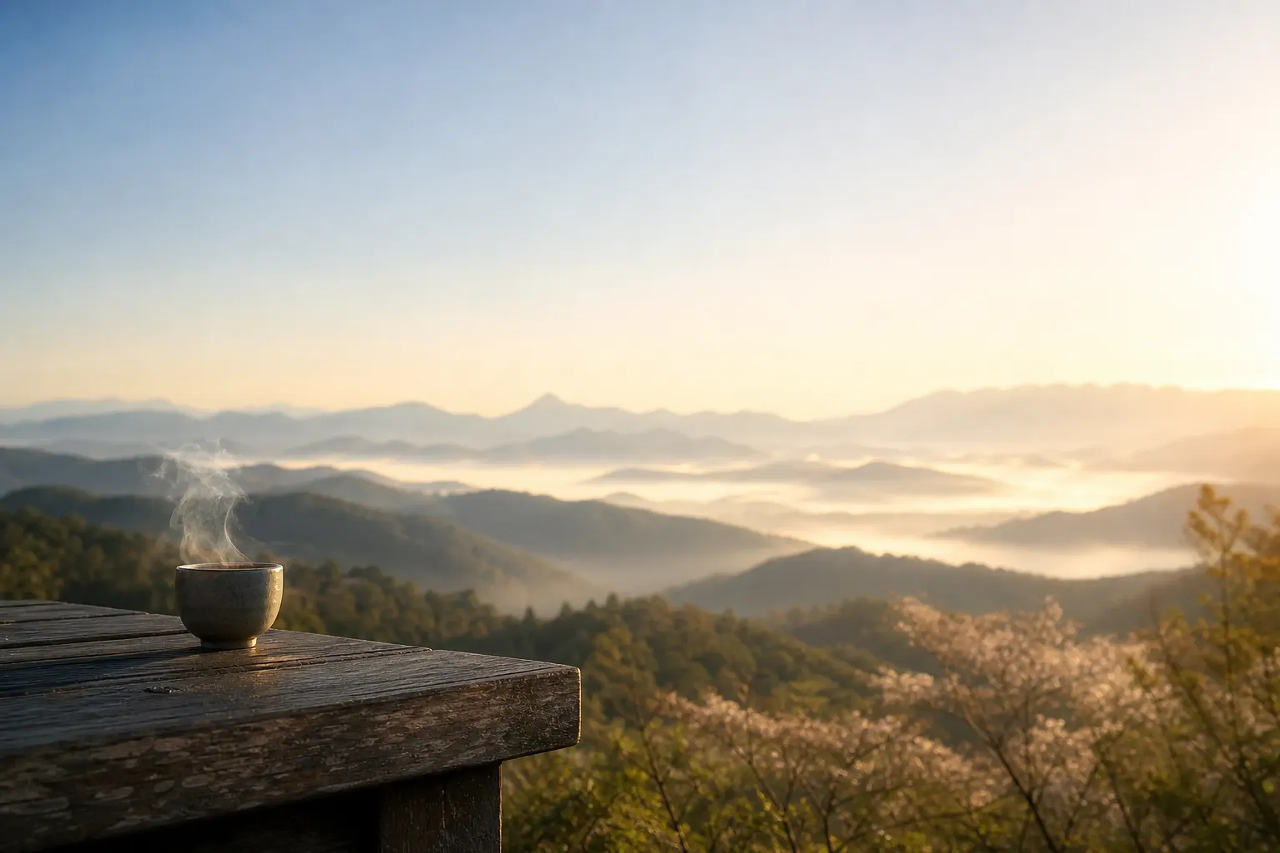 Cool summer morning on a lodge terrace in Hokkaido with mist over hills