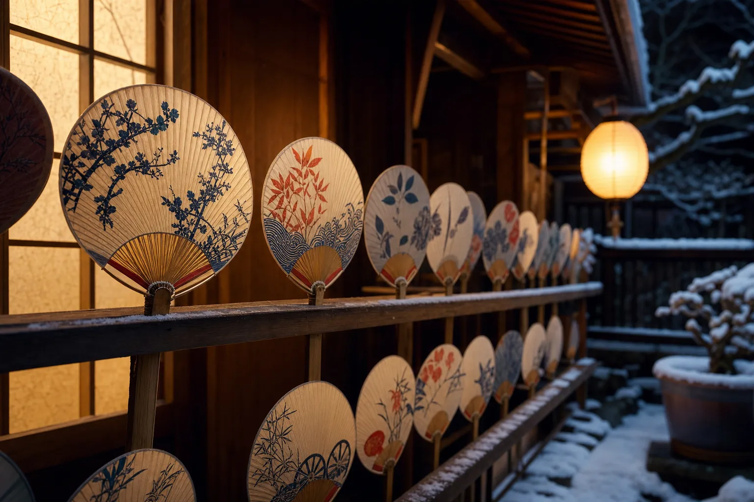Rows of handmade Marugame uchiwa fans displayed on a wooden rack in a Kagawa workshop
