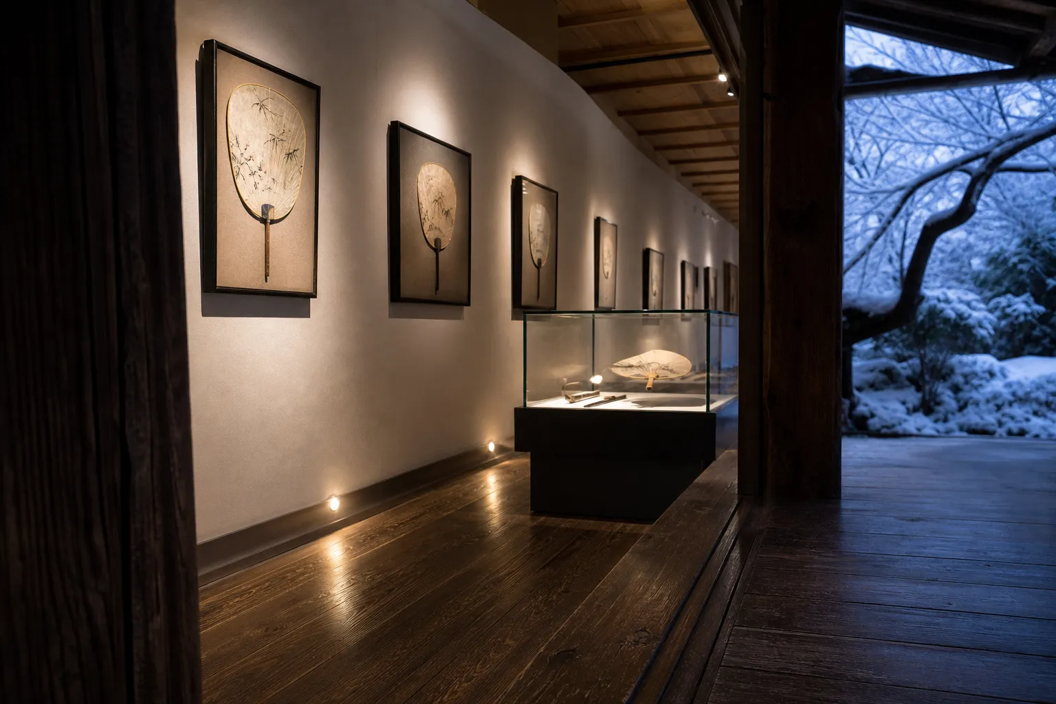 Antique uchiwa fans displayed on the walls of the Uchiwa no Minato Fan Museum in Marugame