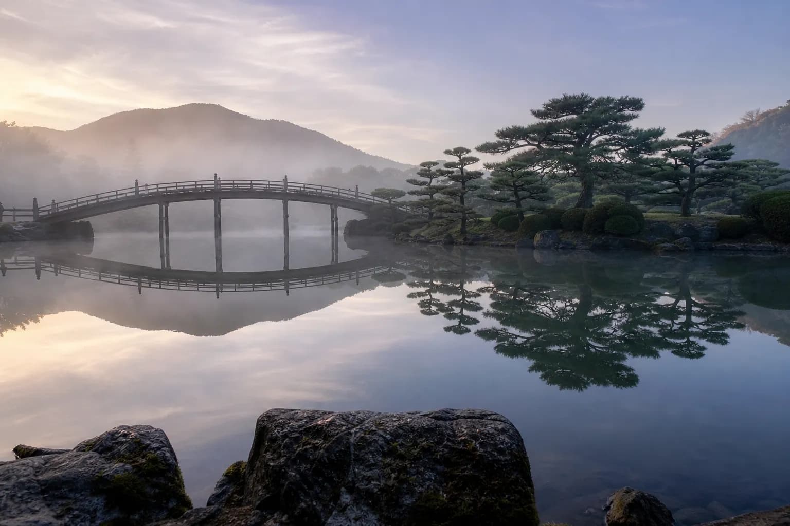 Arched bridge and pine trees reflected in the pond at Ritsurin Garden in Takamatsu, Kagawa