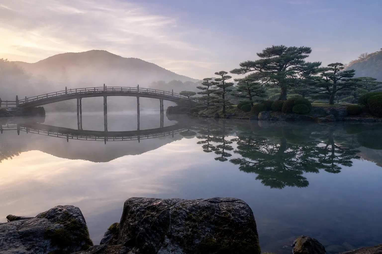 Arched bridge and pine trees reflected in the pond at Ritsurin Garden in Takamatsu, Kagawa