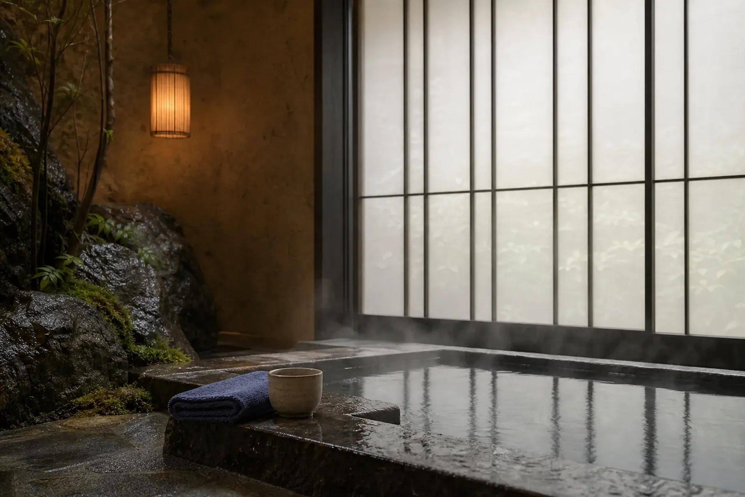 Minimalist Kyoto hotel suite with a private stone hot spring bath by a window, a privacy feature