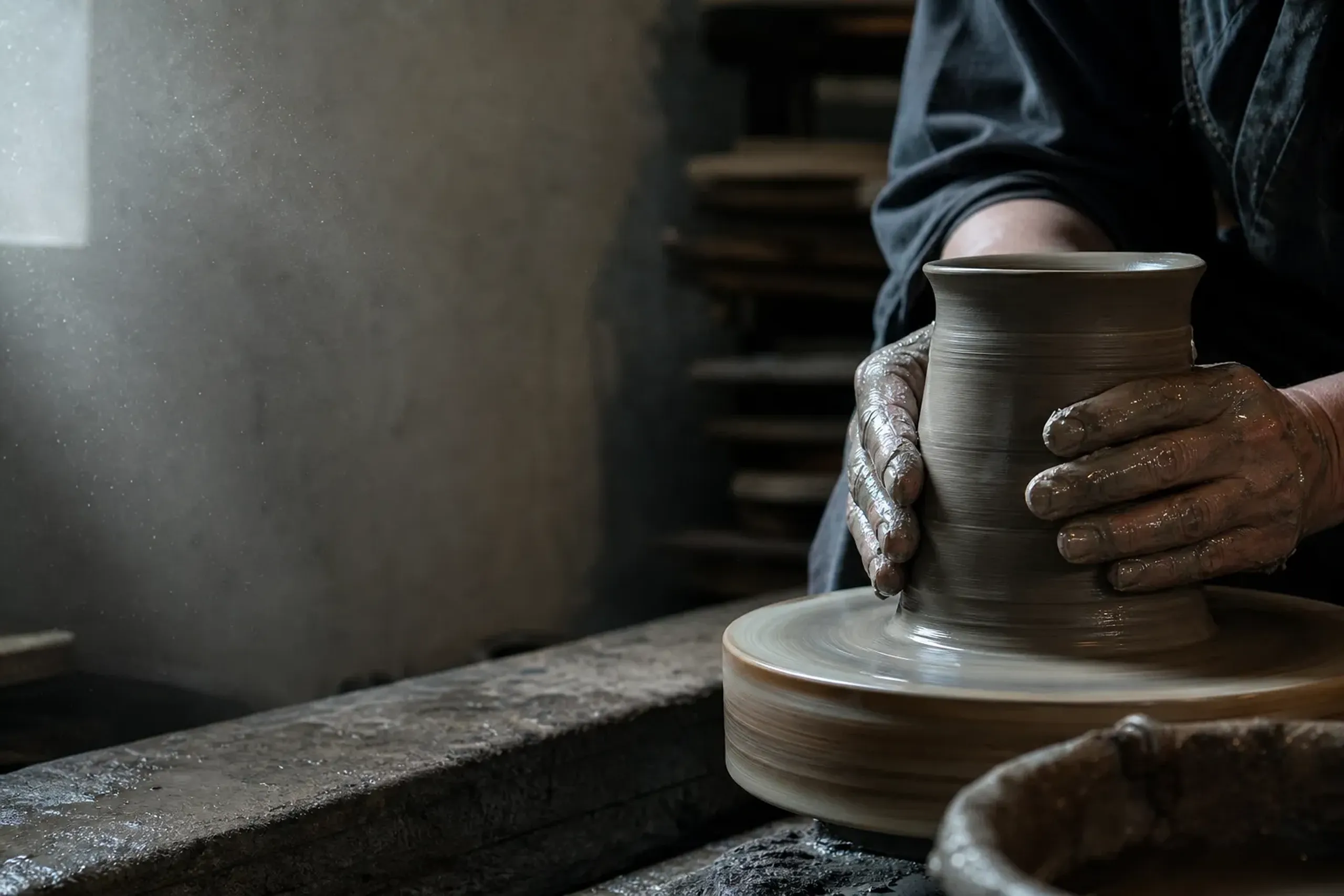A Japanese kiln master's hands shaping clay on a wheel in a rustic atelier during a private visit