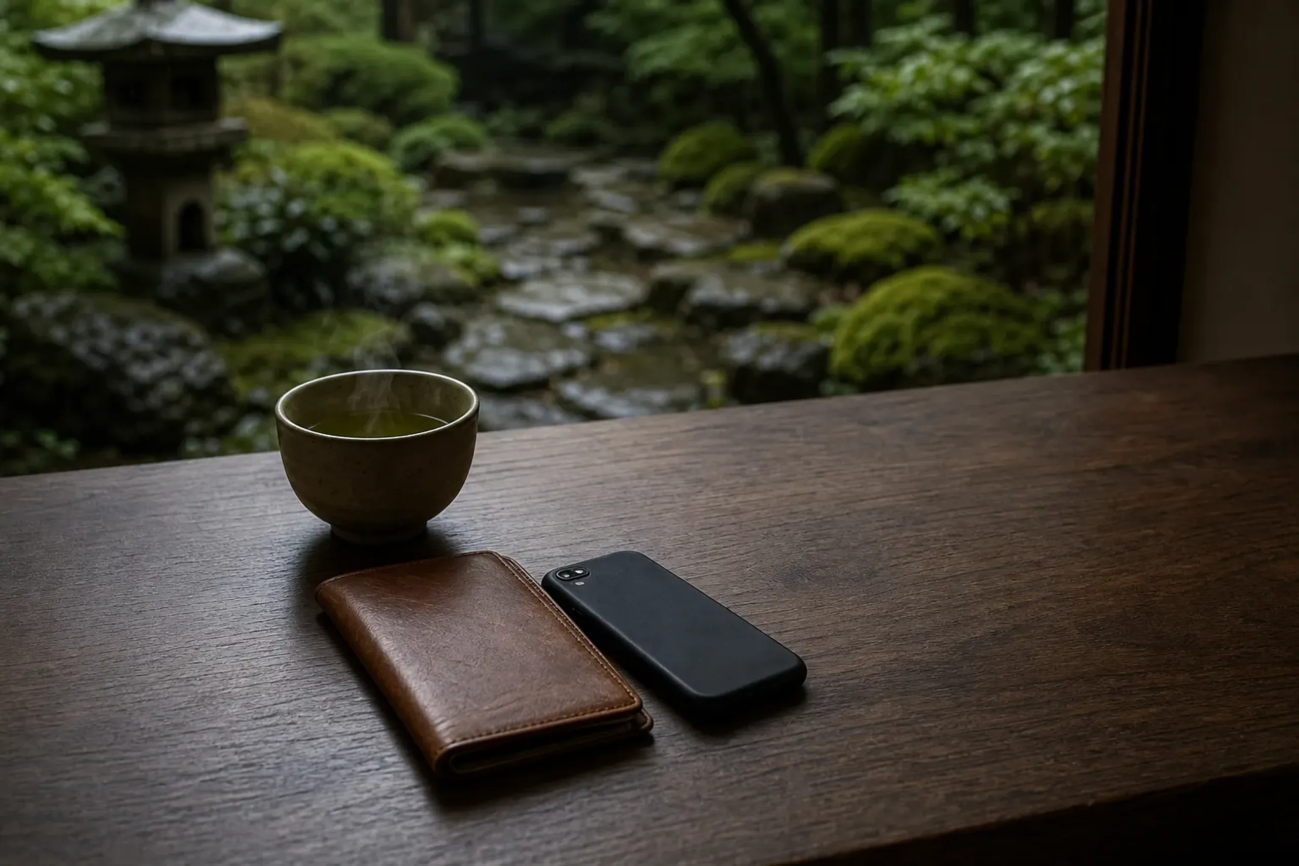 Passport wallet and phone placed discreetly on a wooden table beside a tea cup