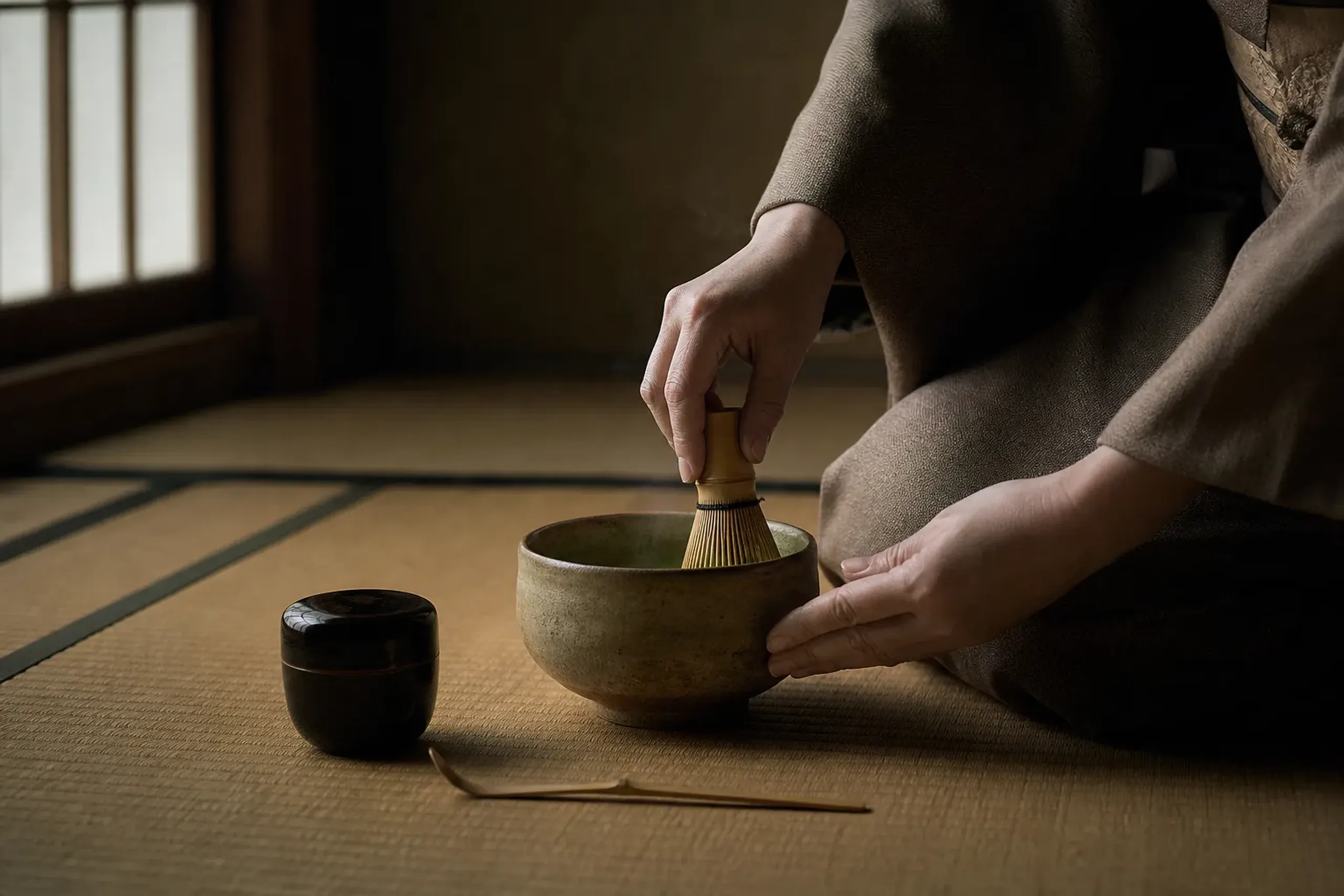 Hands preparing matcha during a tea ceremony in a tatami room with simple utensils