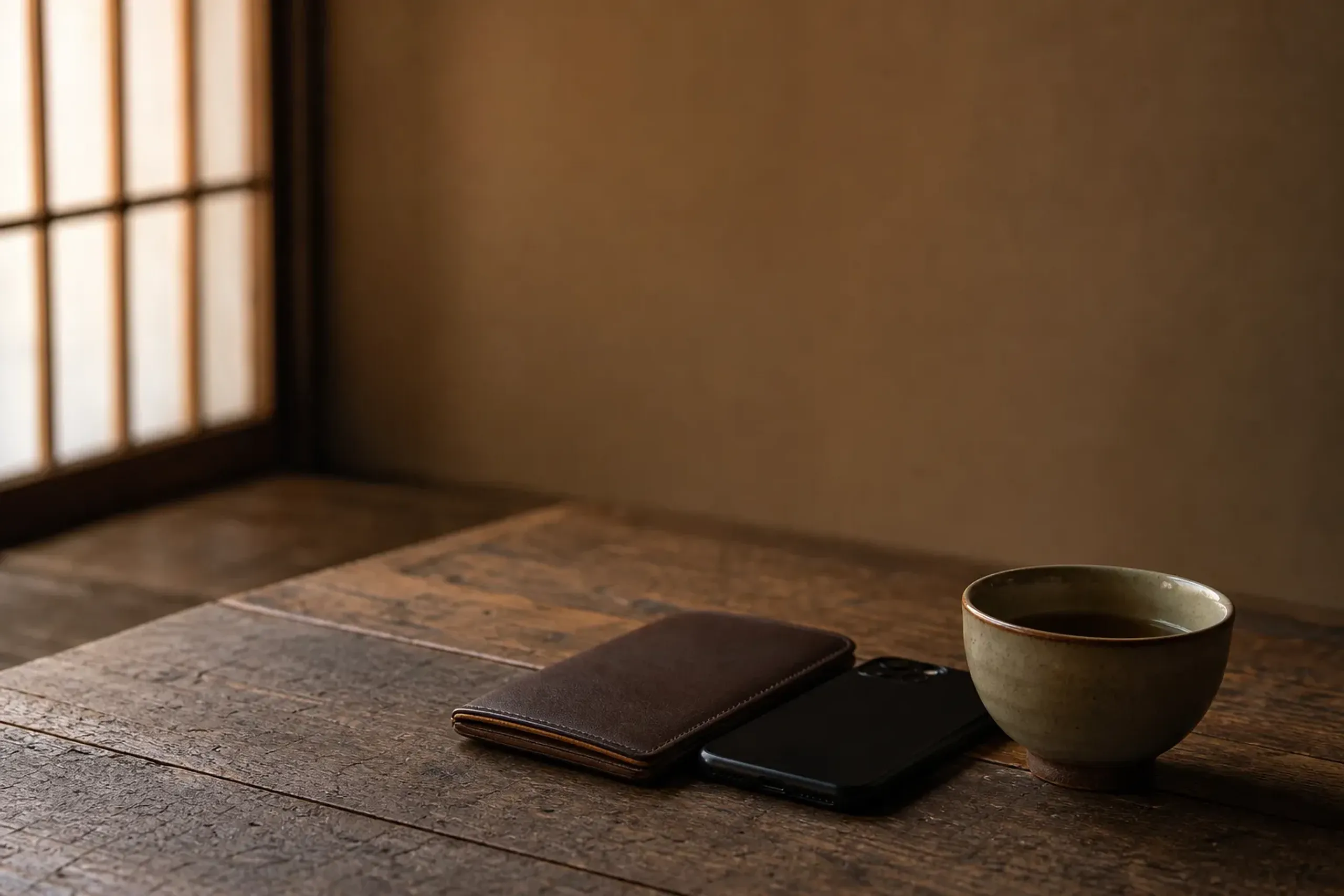 Passport wallet and phone placed discreetly on a wooden table beside a tea cup