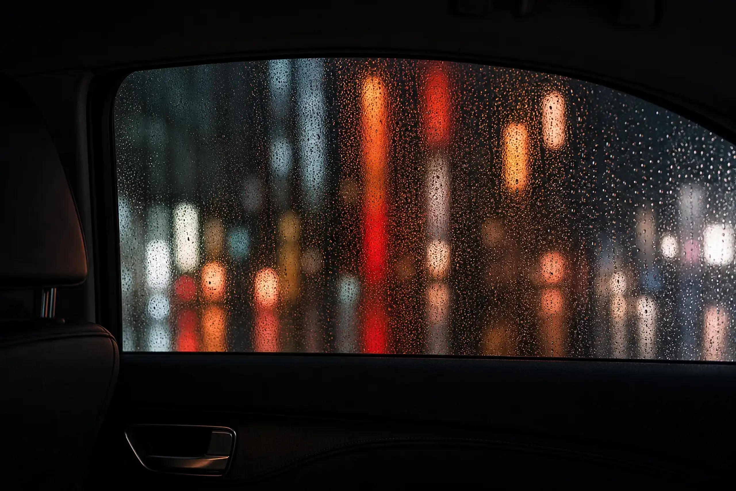 the view of Tokyo's illuminated night streets sliding past the rain-flecked side window of a black chauffeured sedan at curbside