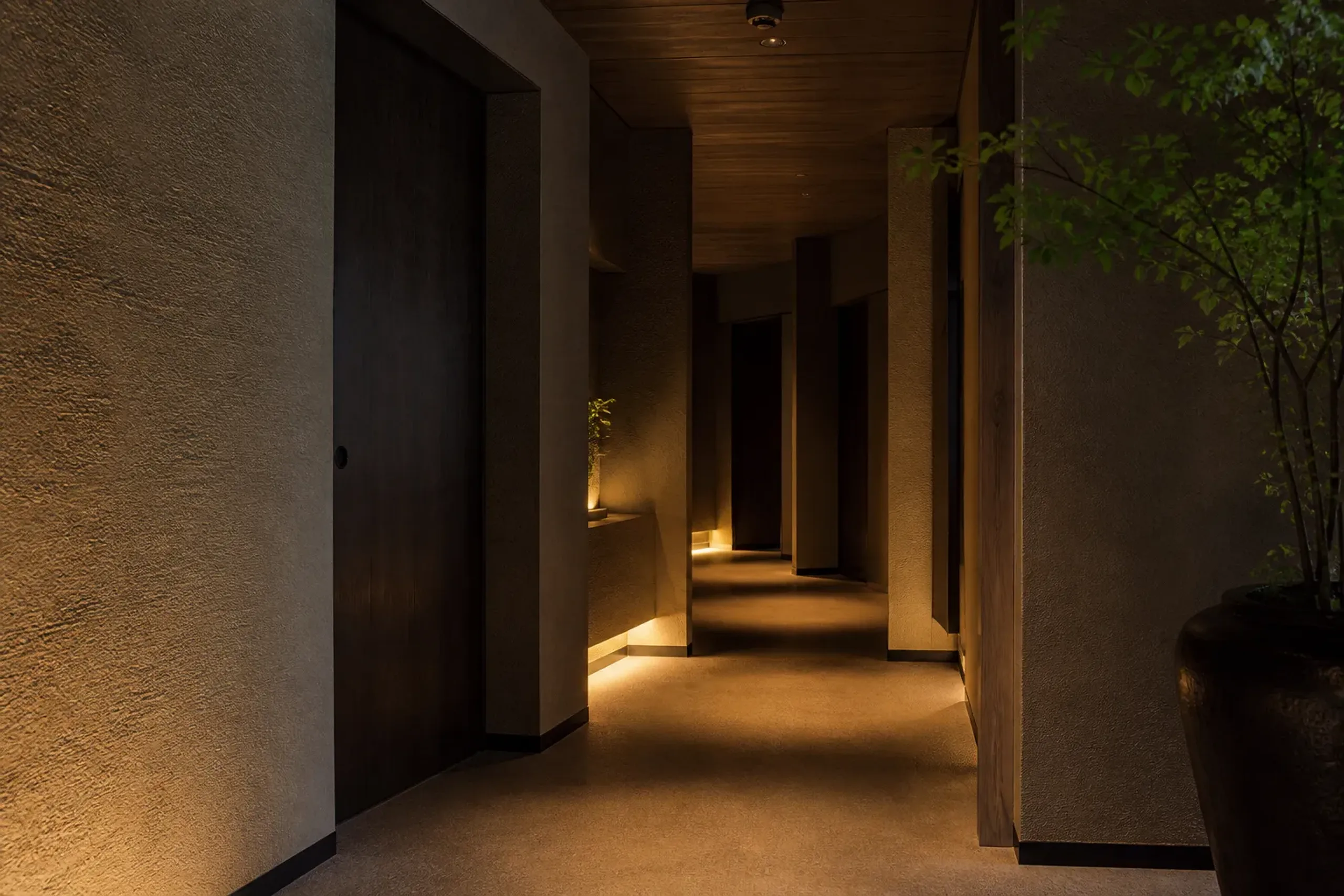 Quiet hotel corridor with alcoves and indirect lighting designed to reduce sightlines