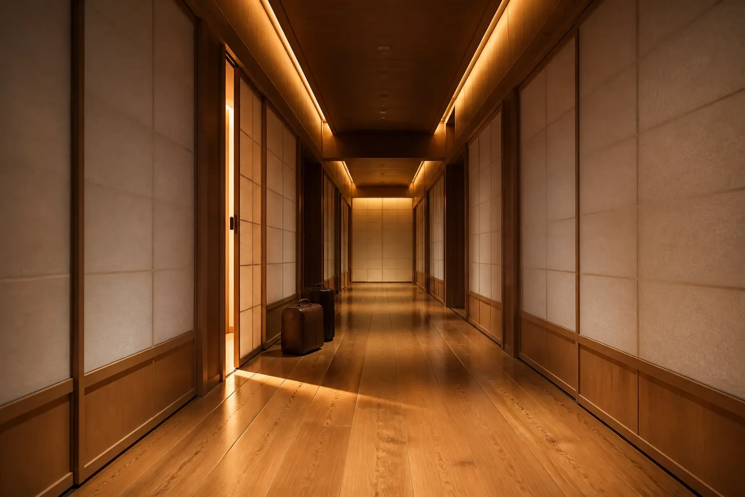 Minimalist Japanese hotel corridor with soft lighting and discreet luggage by a sliding door