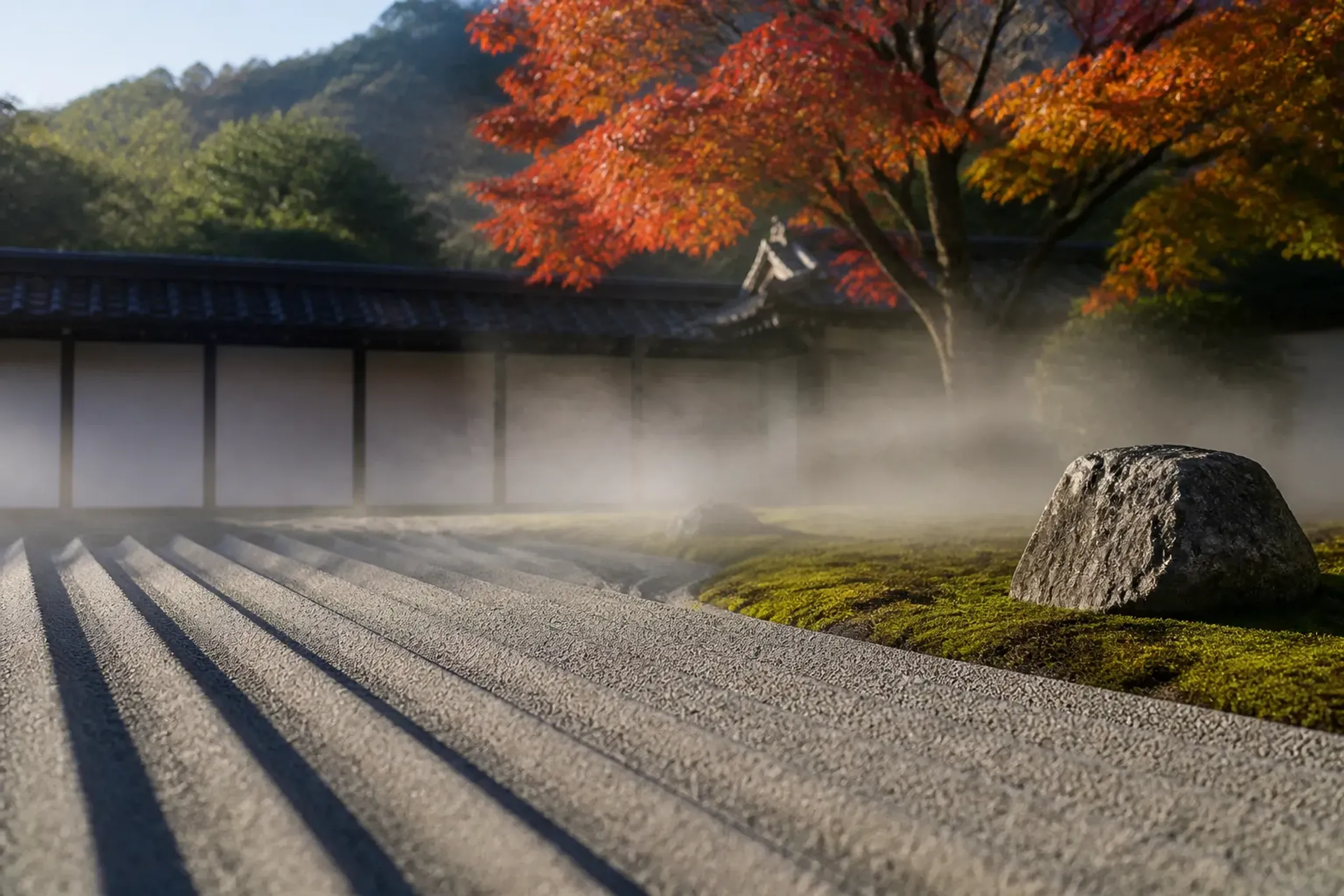 A serene Kyoto stone garden at first light, empty raked gravel and moss beds glowing in soft dawn mist before the midday crowds arrive