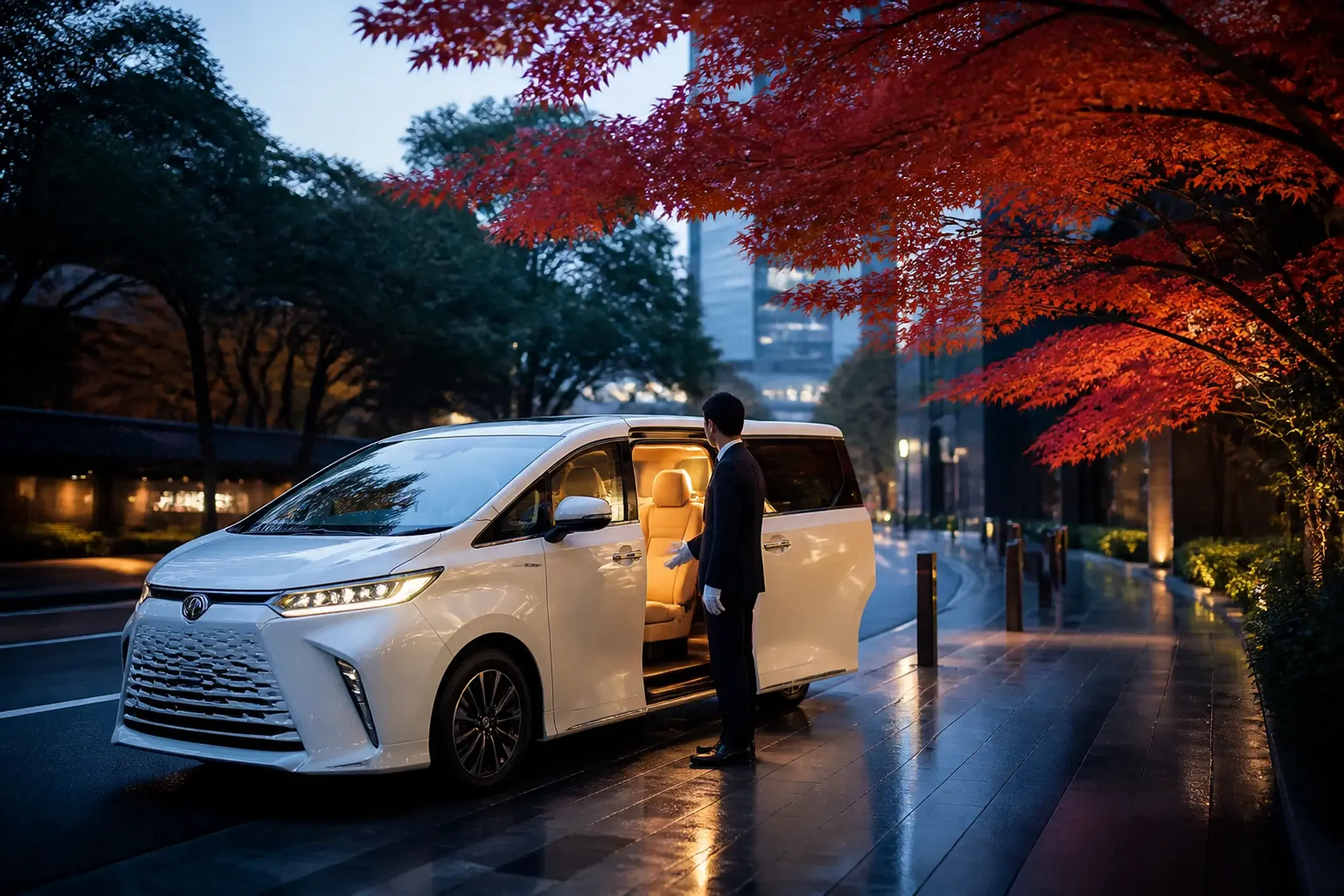 Lexus LM 500 with chauffeur at a quiet Tokyo curbside pickup area at dusk