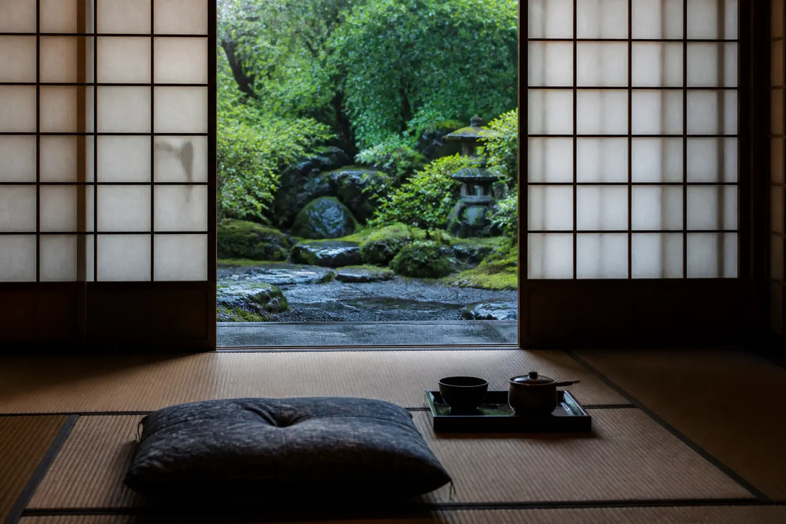 Ryokan suite with tatami and shoji overlooking a moss garden with stones after rain