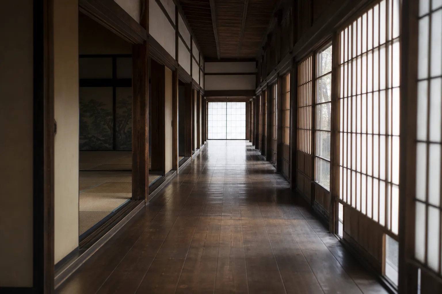 Tatami corridor and shoji screens inside Tamozawa Imperial Villa in Nikko