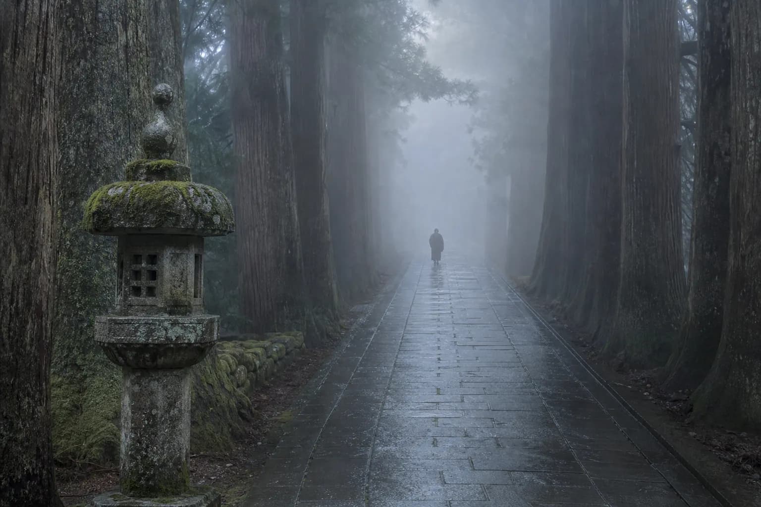Cedar-lined path and stone lantern near Nikko’s UNESCO shrines and temples