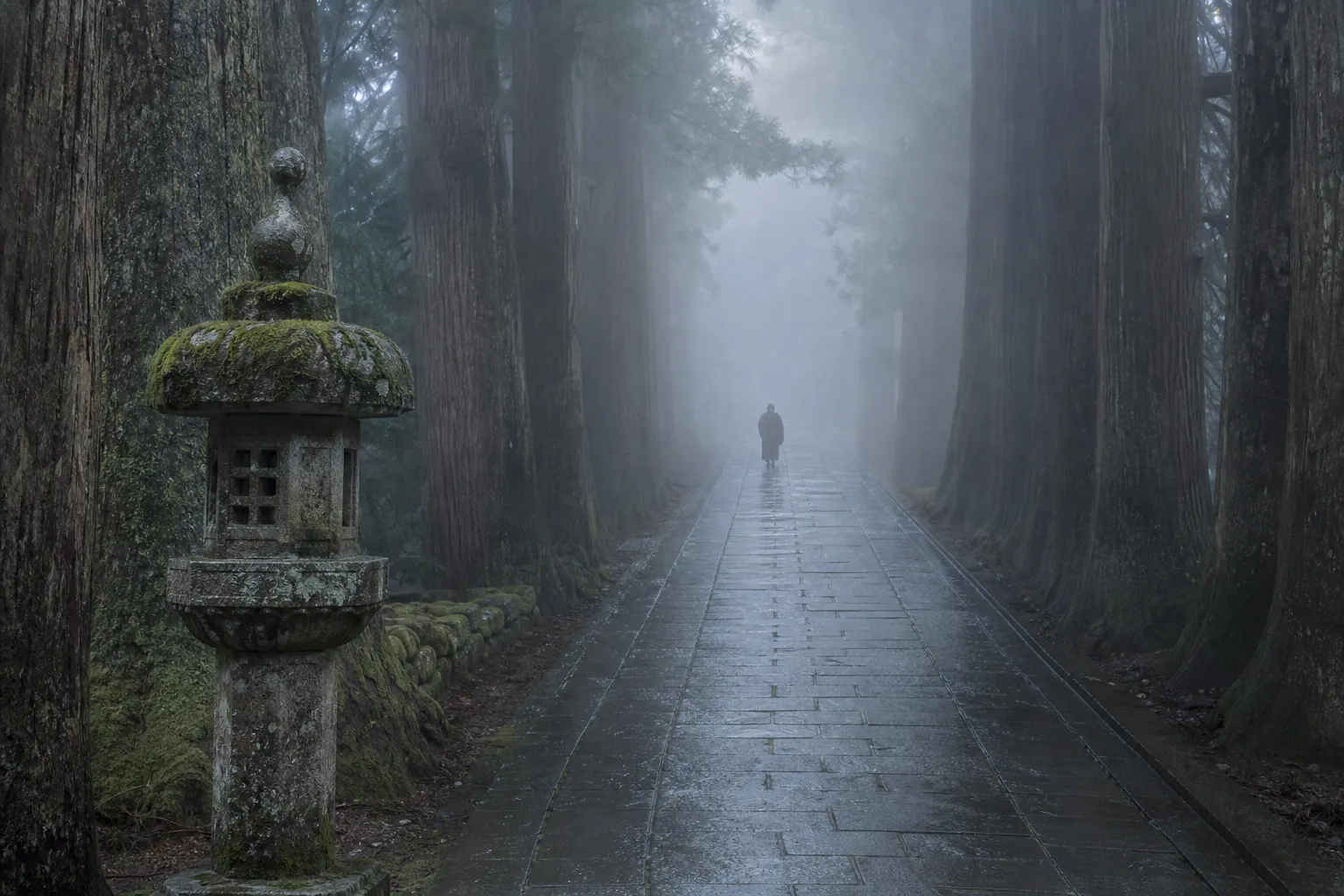Cedar-lined path and stone lantern near Nikko’s UNESCO shrines and temples