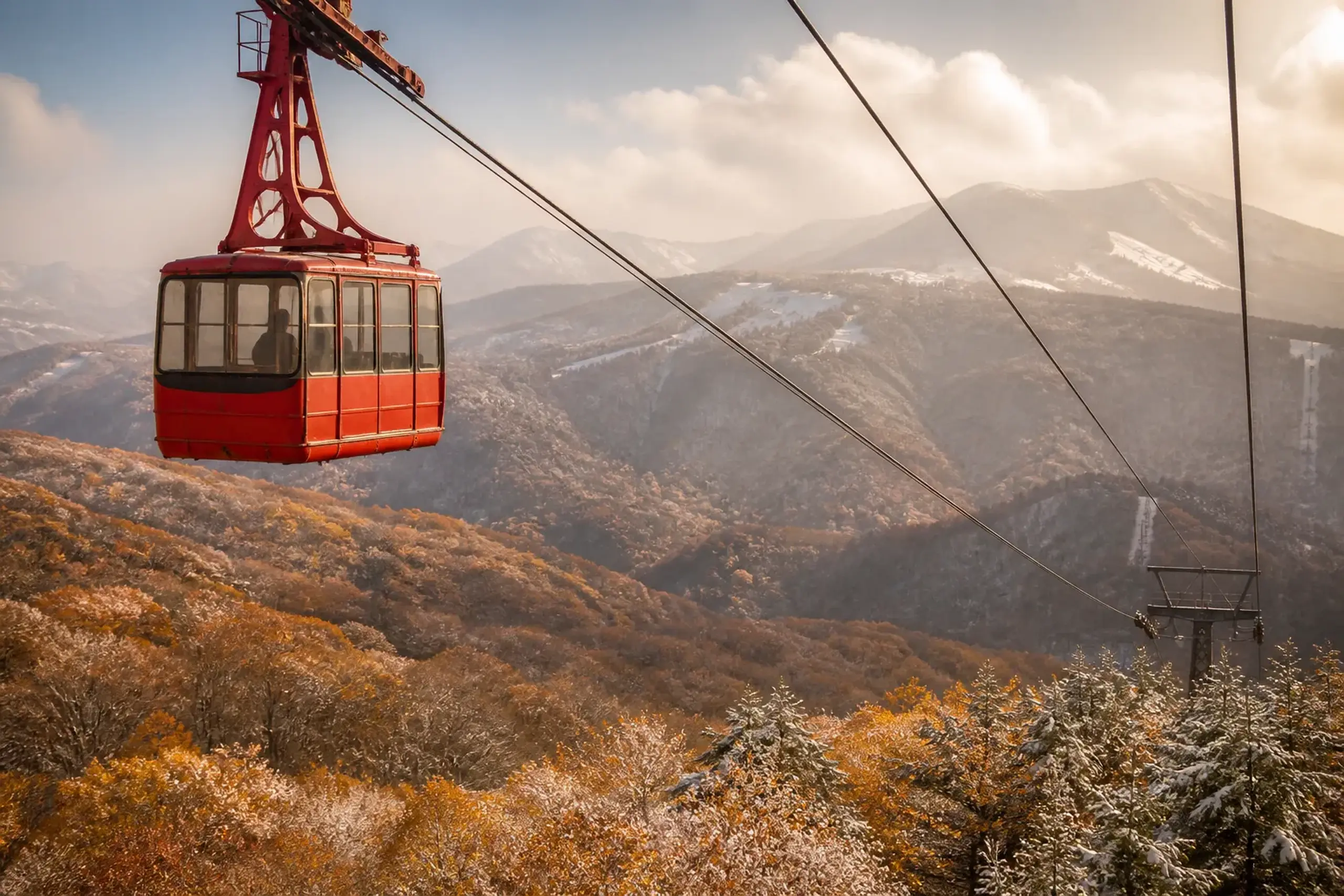 Red ropeway cabin traveling over a forest of yellow and orange autumn trees in Daisetsuzan.