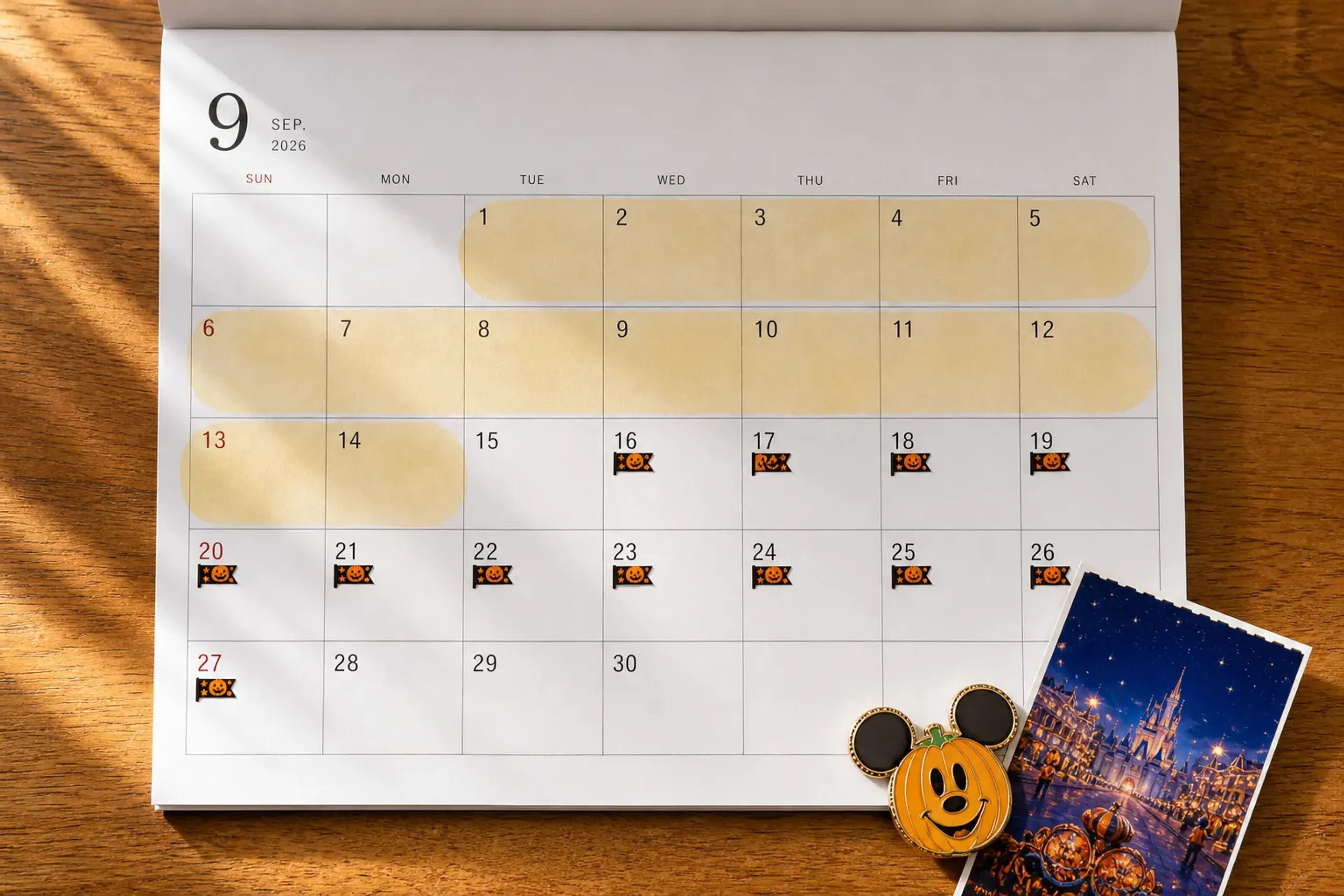 September 2026 calendar with the first two weeks highlighted for Tokyo Disney planning