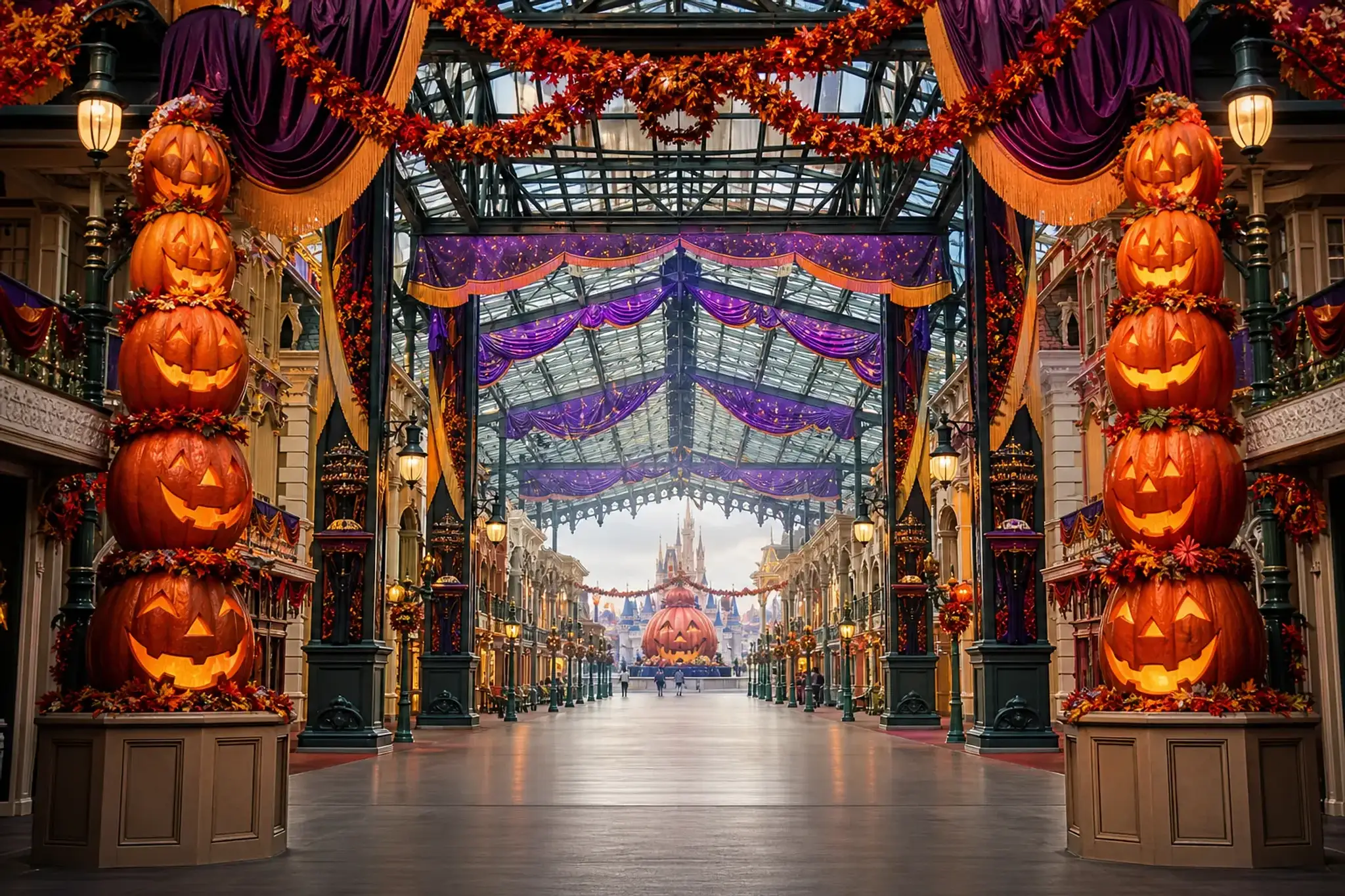 orange-and-purple Halloween decorations with carved jack-o'-lantern displays and autumn garlands adorning the entrance plaza of Tokyo Disneyland's World Bazaar