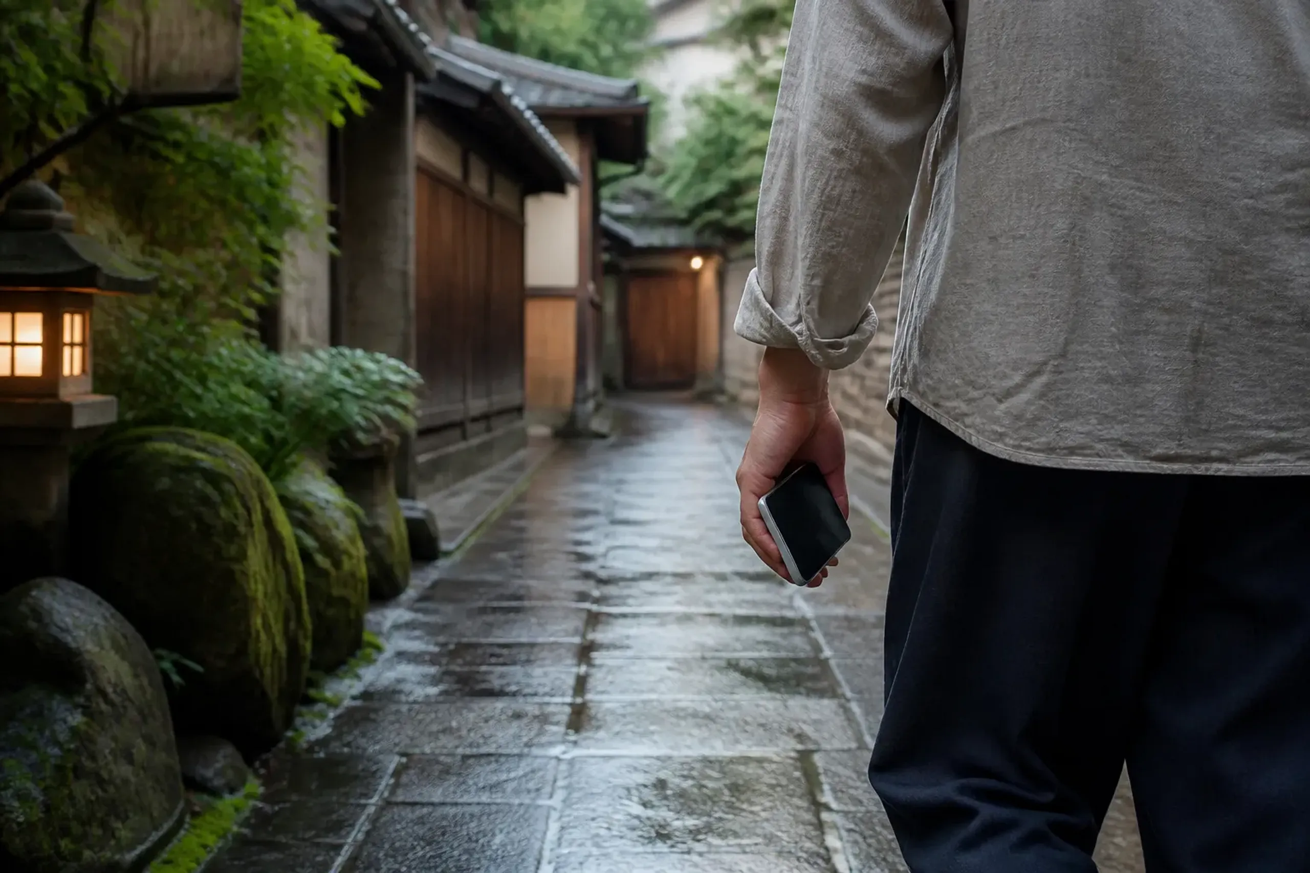 Traveler walking in a Kyoto lane with a smartphone held down, suggesting restraint with photos and posting