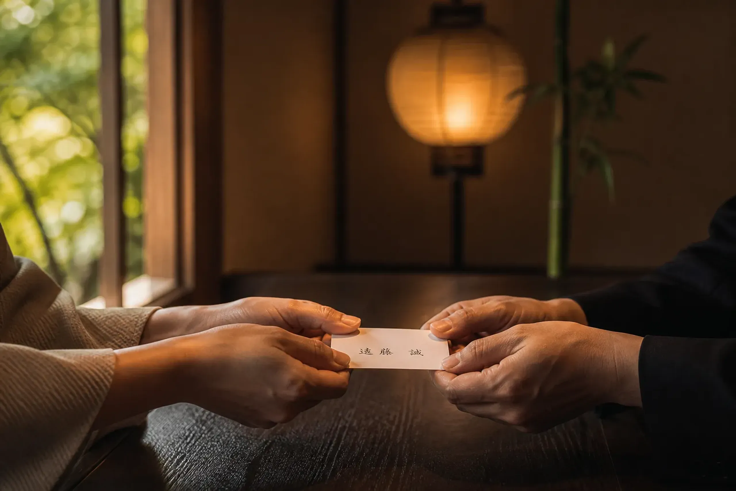Hands exchanging a business card over a wooden counter in Japan, symbolizing trust and responsibility
