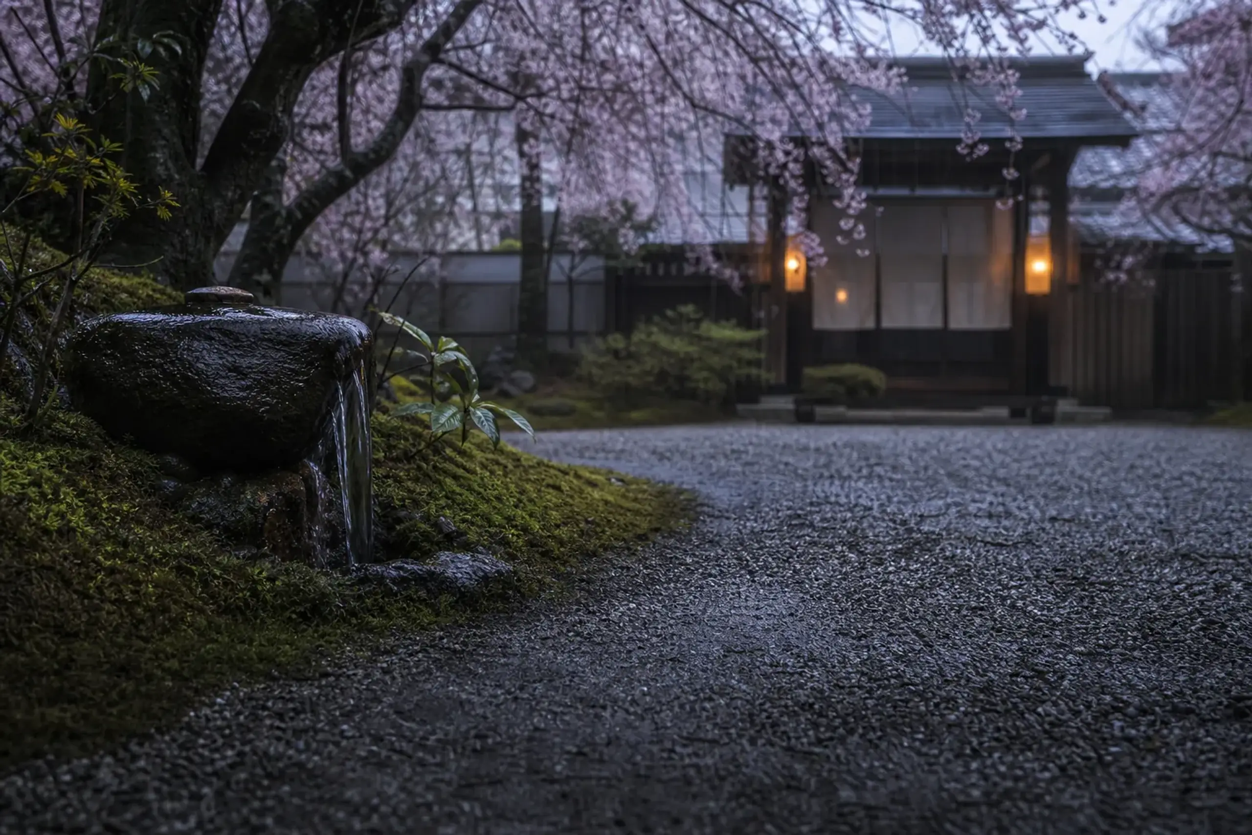 A gravel path leading to a sukiya-style ryokan entrance beside a moss-covered garden with water trickling over stone