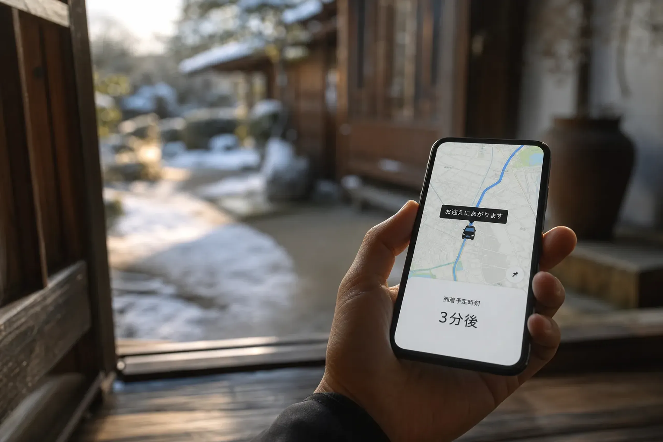 A smartphone screen displaying a live map with a driver's location pin and ETA along a Japanese route