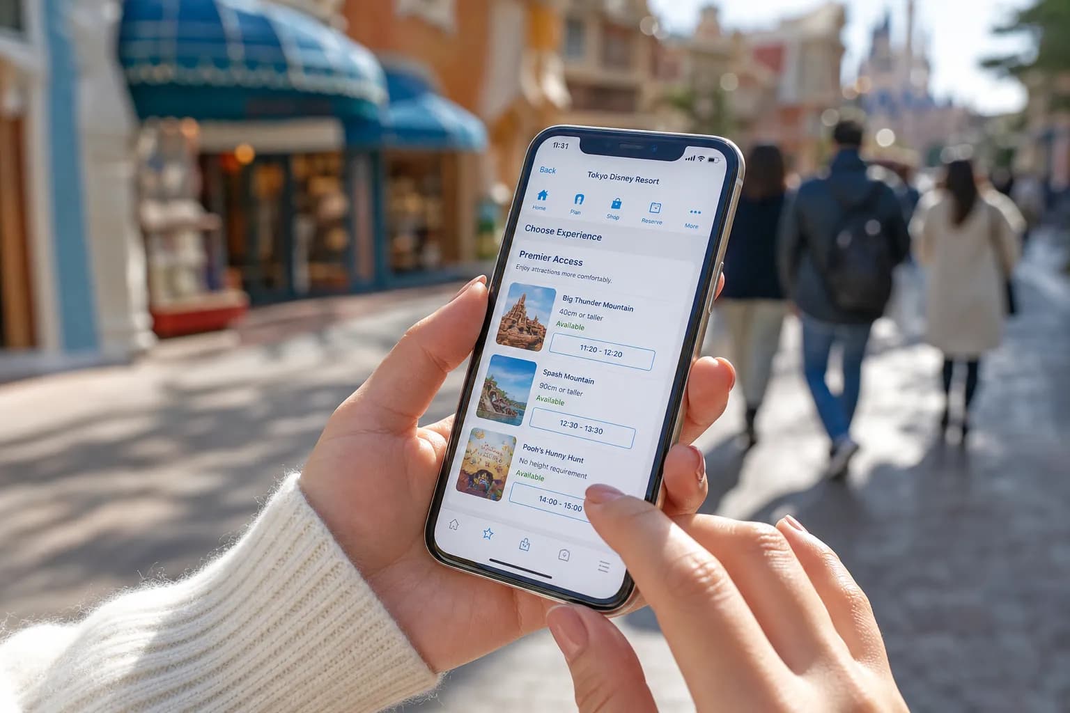 Guest holding a phone with the Tokyo Disney Resort App open inside the park