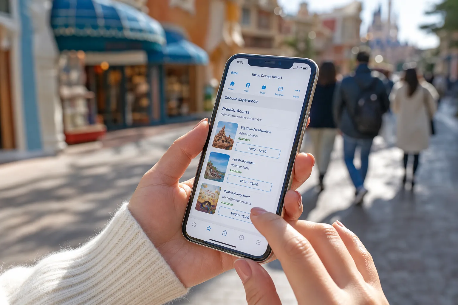 Guest holding a phone with the Tokyo Disney Resort App open inside the park