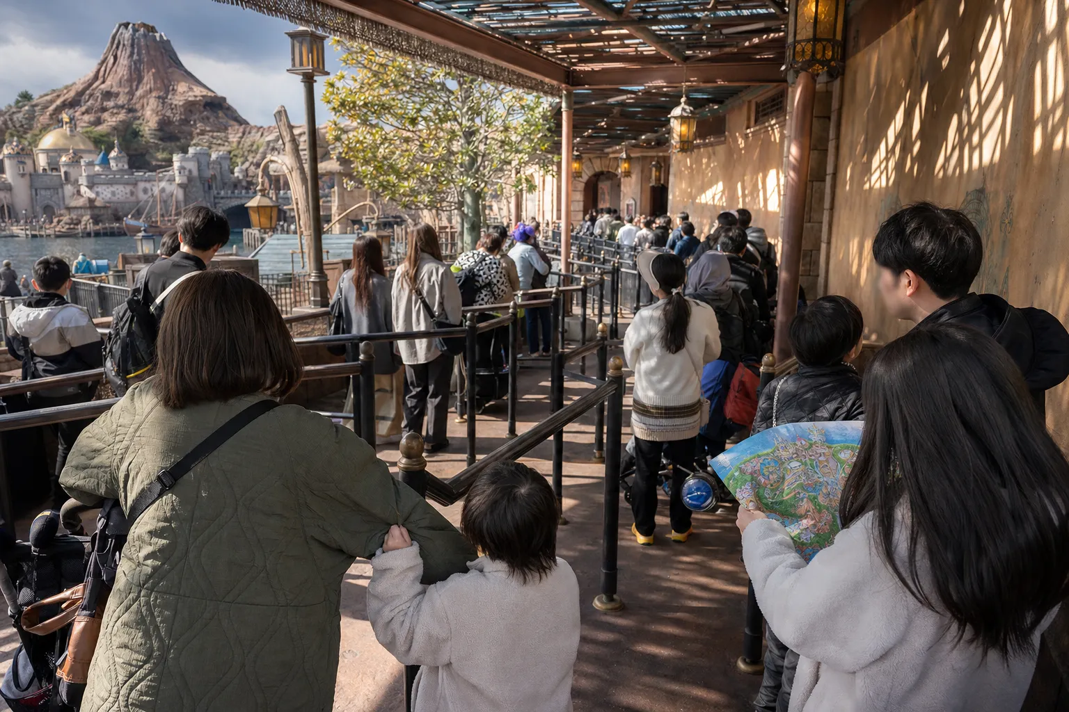 Parents and children waiting in a long queue at Tokyo Disney Resort