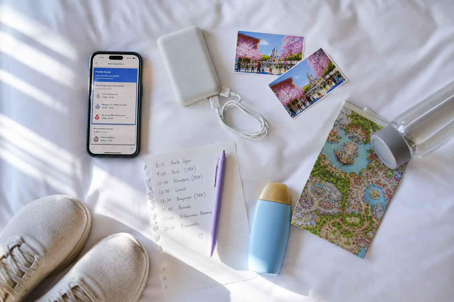 Travel checklist and essentials laid out in a Tokyo hotel room before a Disney day