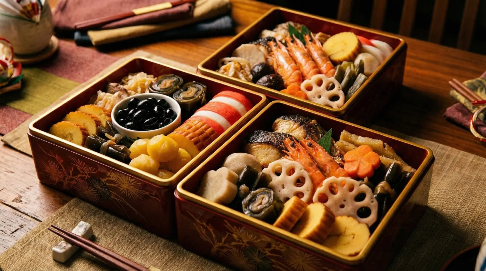 Traditional Japanese Osechi Ryori in a lacquered box.