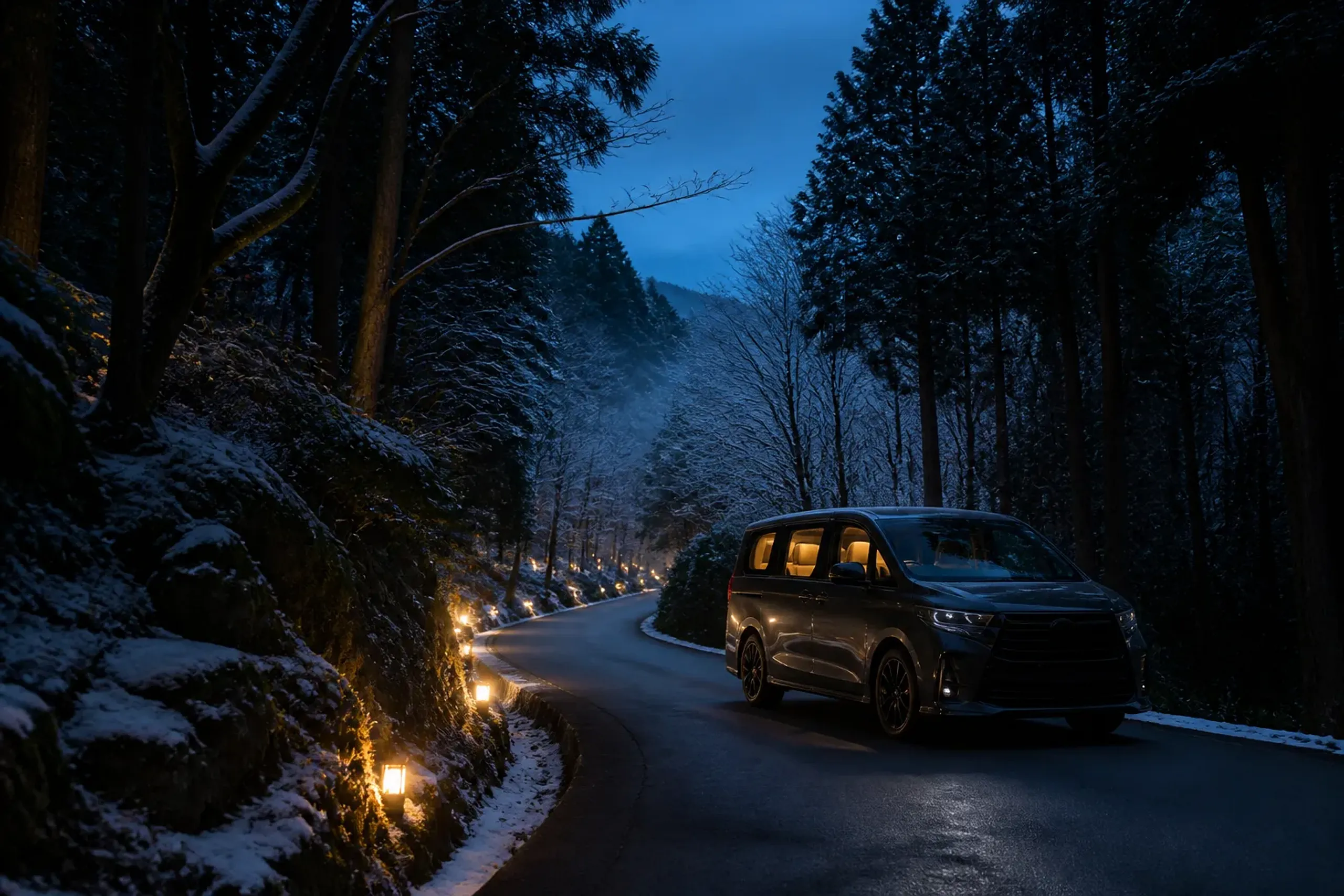 A discreet chauffeured luxury minivan on a quiet Japanese road at dusk