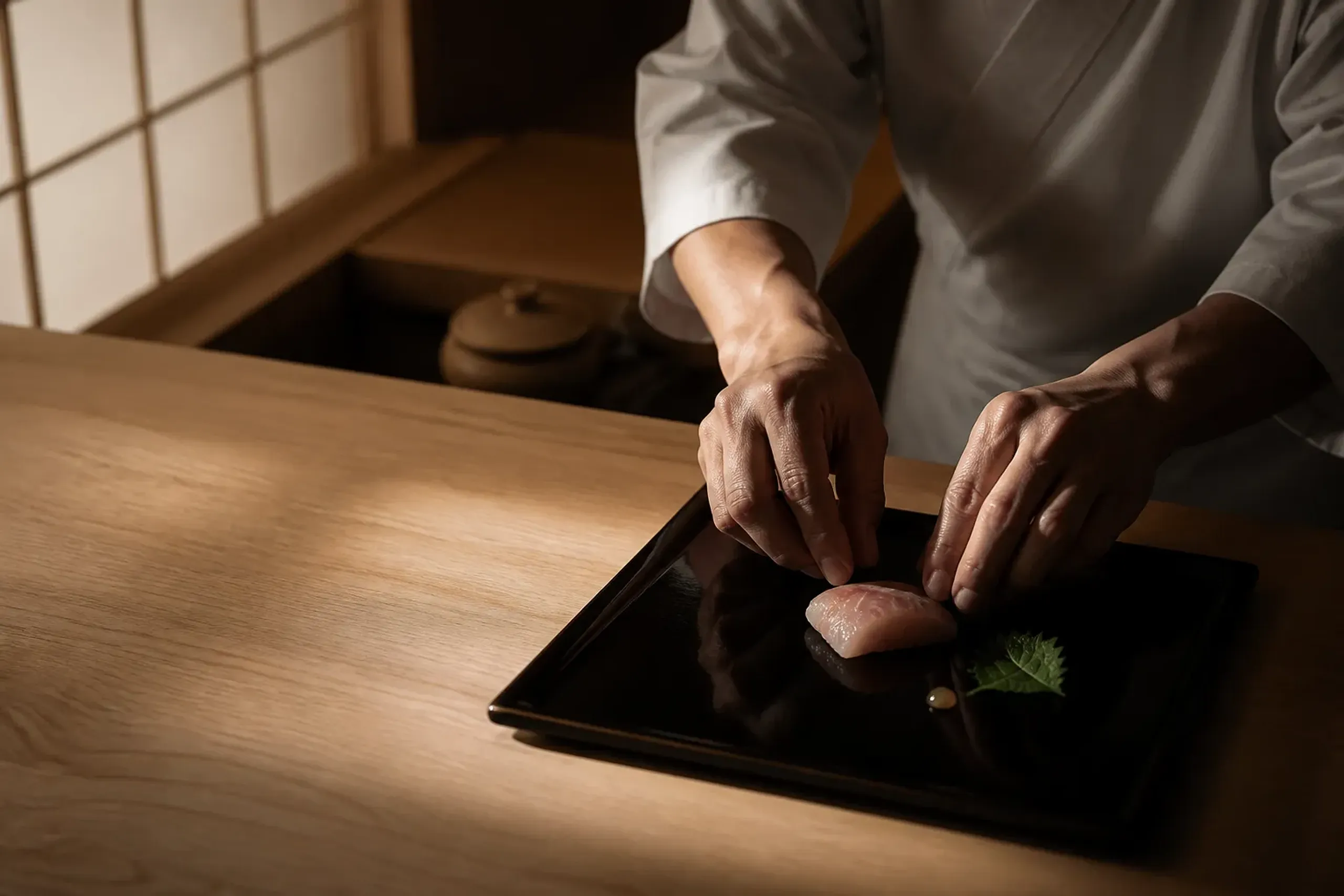 Kaiseki chef arranging a seasonal course on a lacquer tray at a wooden counter