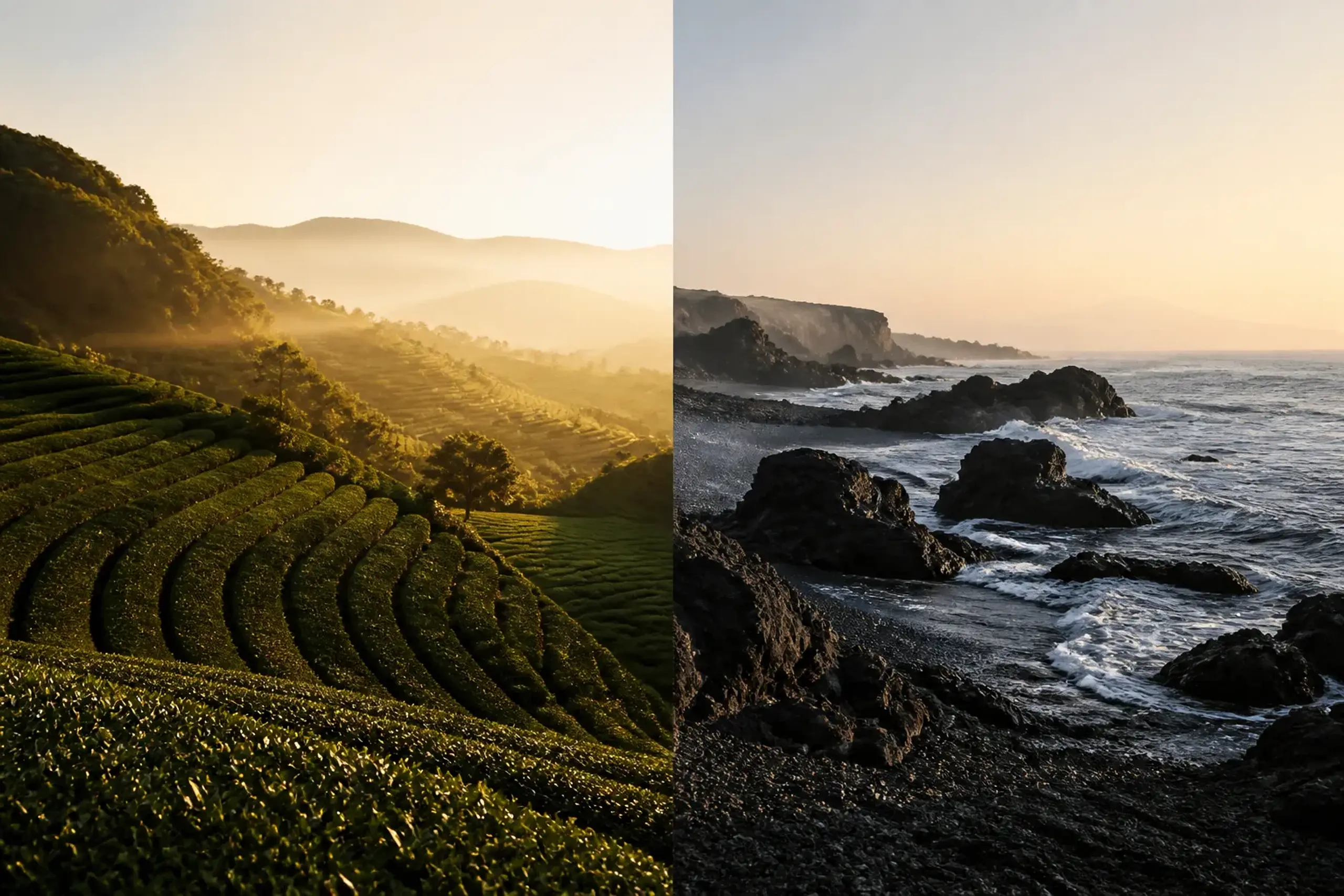Contrasting southern tea hills and a northern coastline illustrating Japan's regional ingredient variation
