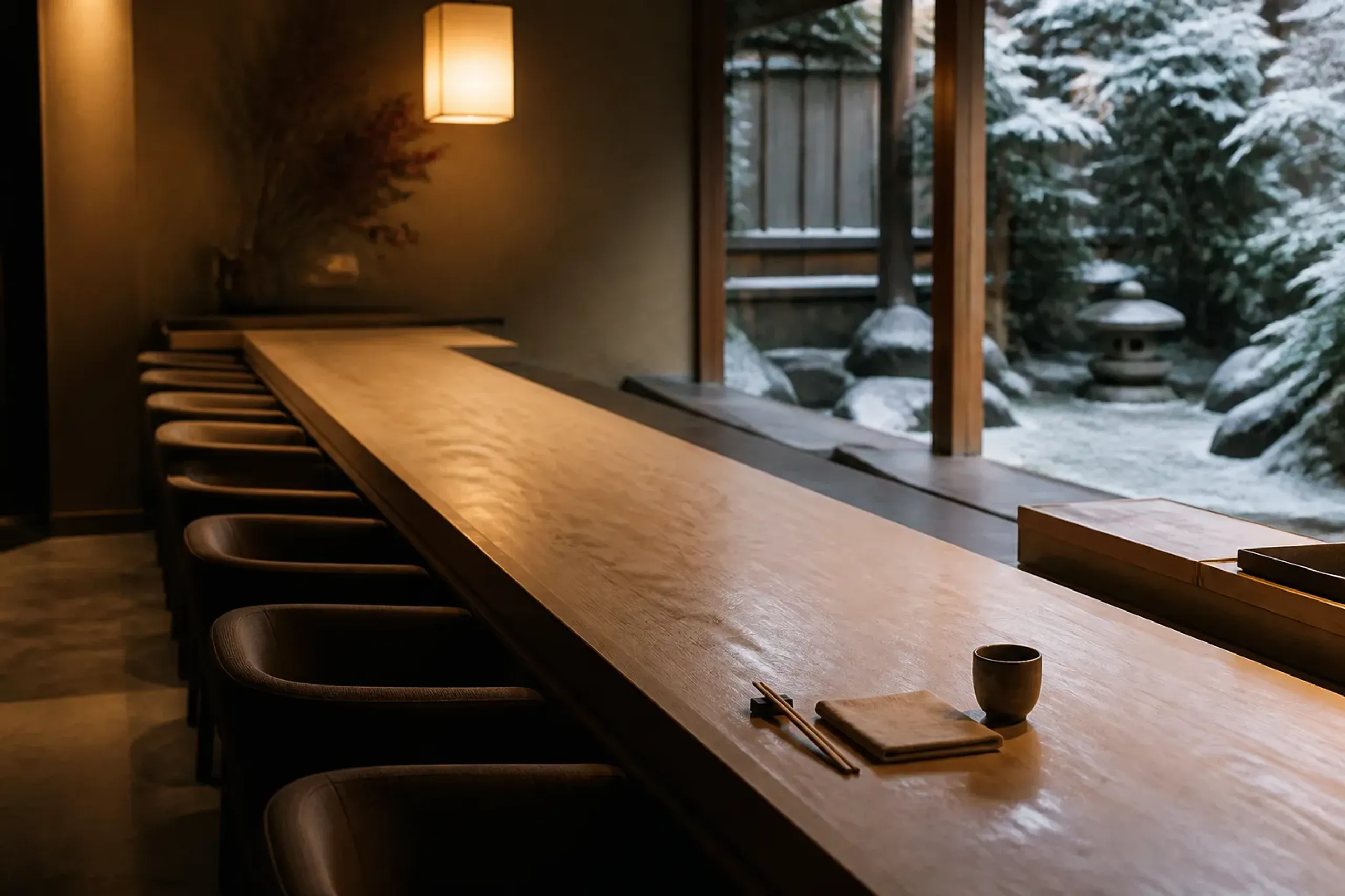 An empty eight-seat wooden counter set for one before evening service