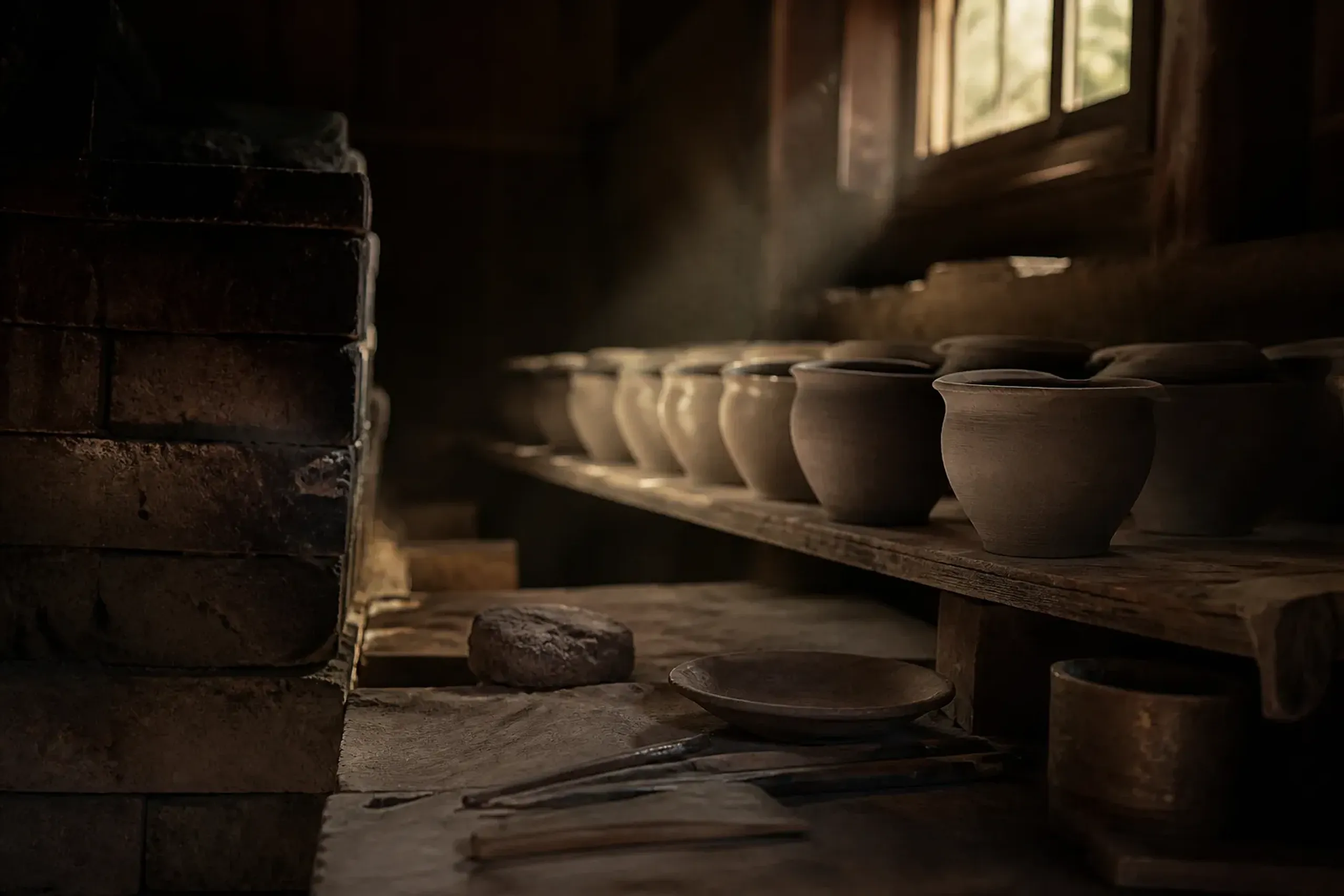 Interior of a Shigaraki pottery workshop with unglazed vessels and a wood-fired kiln