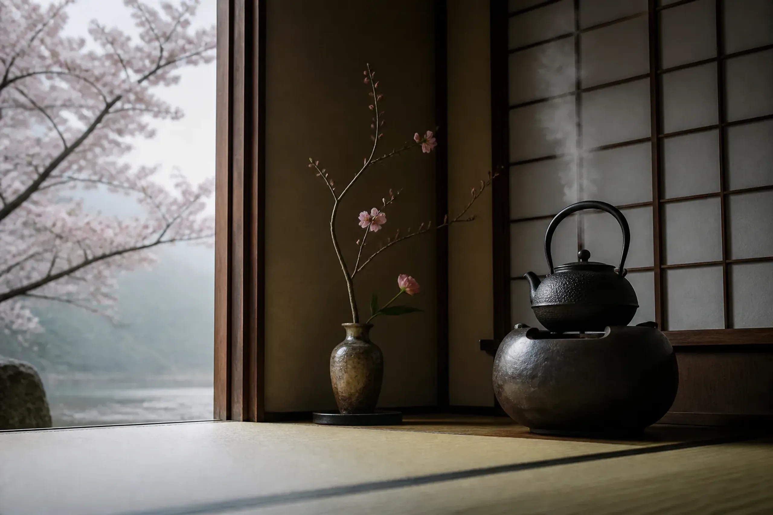 Tatami room corner with tea kettle steam and shoji screens in soft light