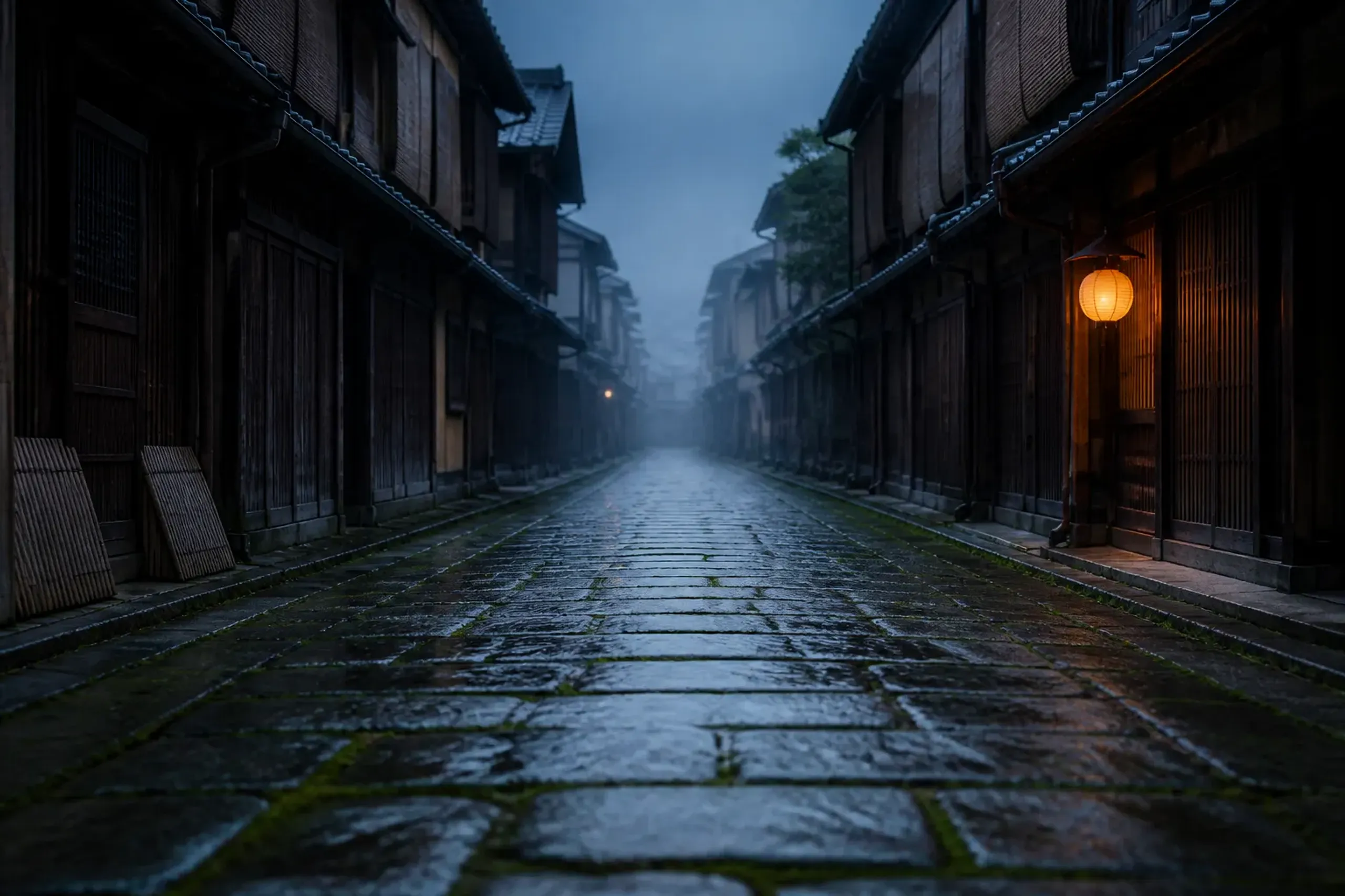 a narrow moss-lined stone lane in Southern Gion, Kyoto at dawn, with lacquered wooden machiya facades and lantern-lit doorways empty of crowds