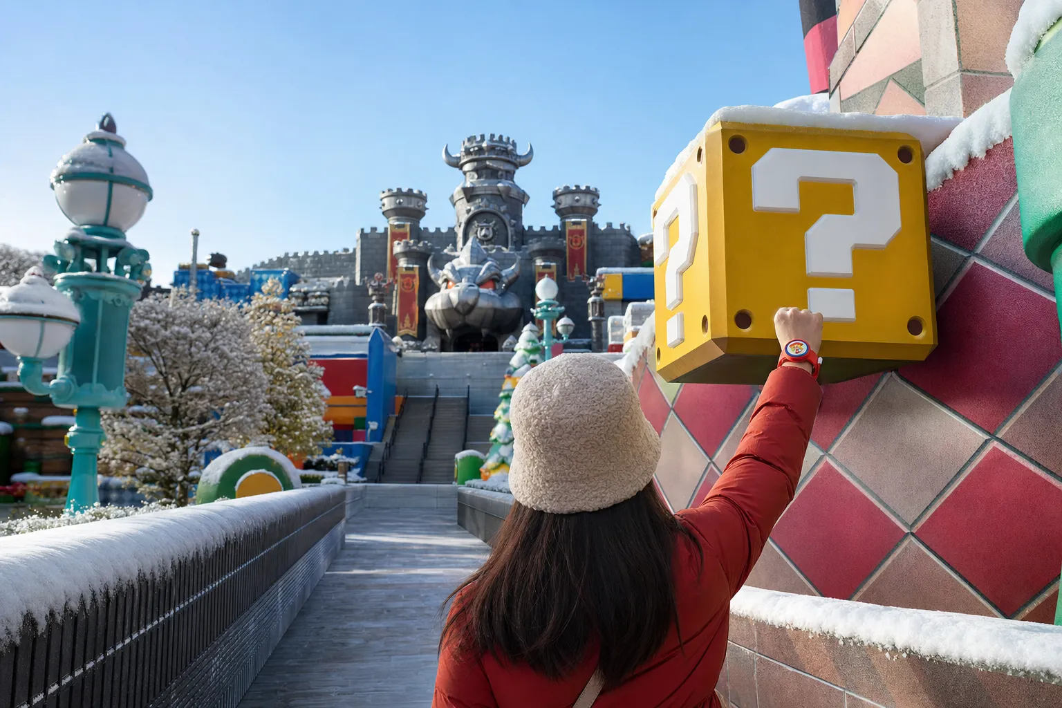 Visitor wearing a Power-Up Band interacting with a coin block at Super Nintendo World
