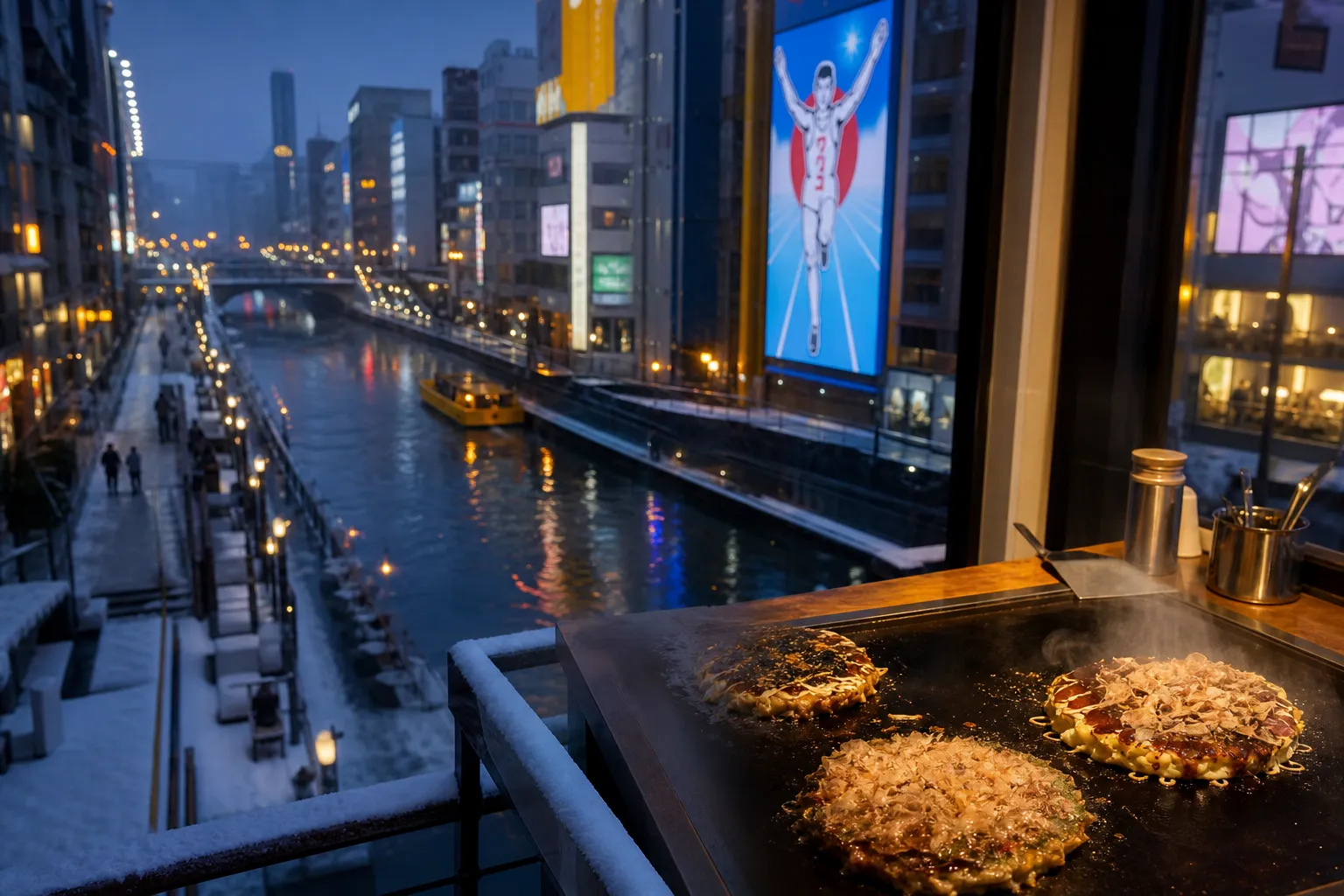 Neon-lit Dotonbori canal in Osaka at night with okonomiyaki cooking nearby