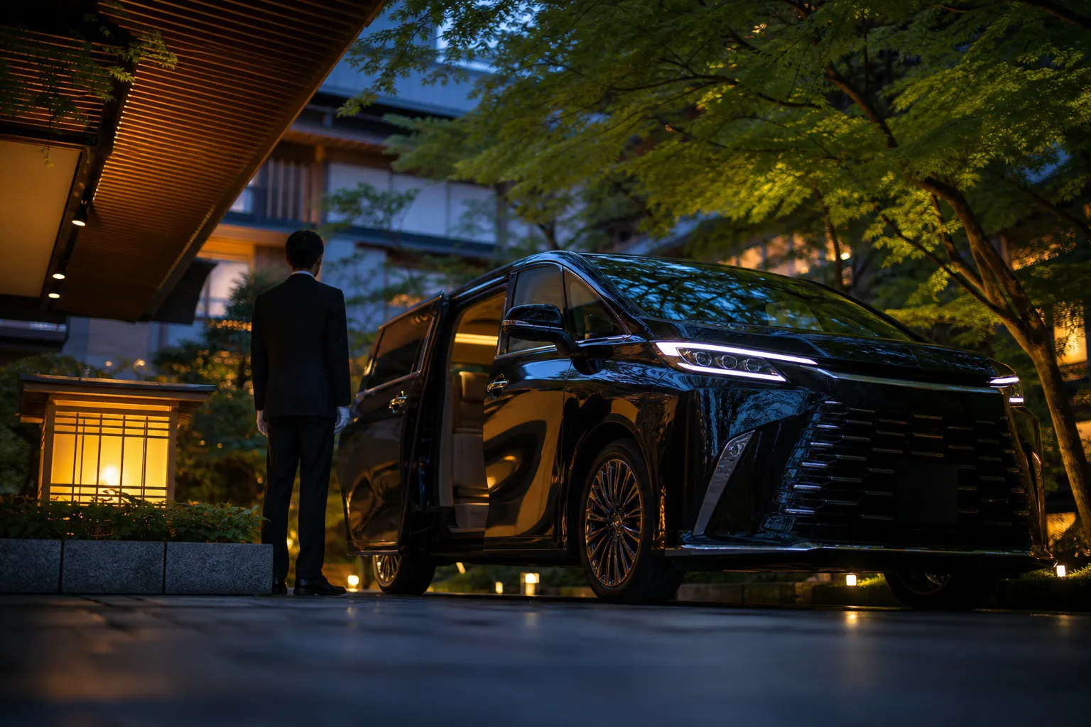 Black Lexus LM 500 chauffeured minivan outside an Osaka luxury hotel at dusk