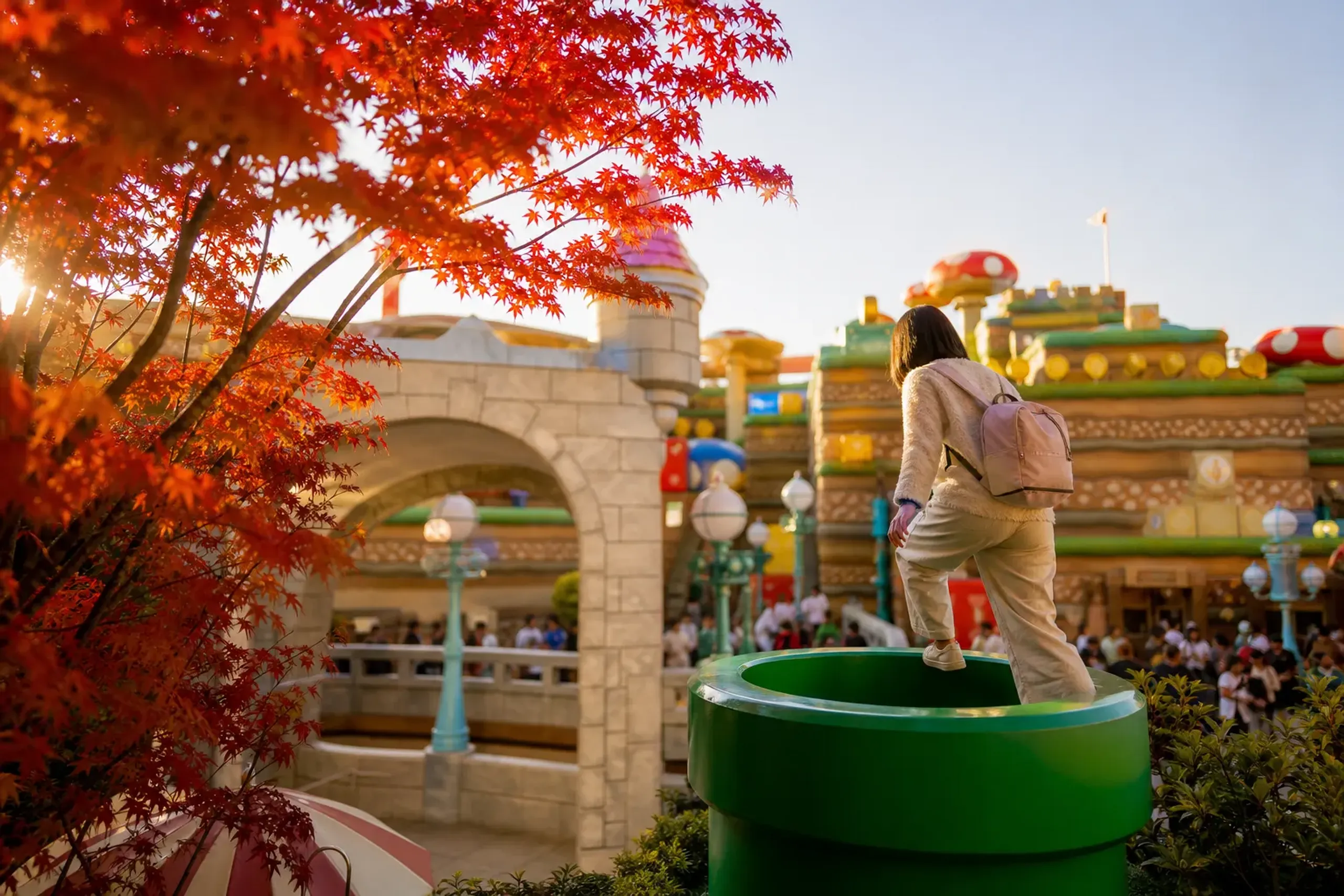 Colorful Mushroom Kingdom entrance and warp pipe at Super Nintendo World, Universal Studios Japan